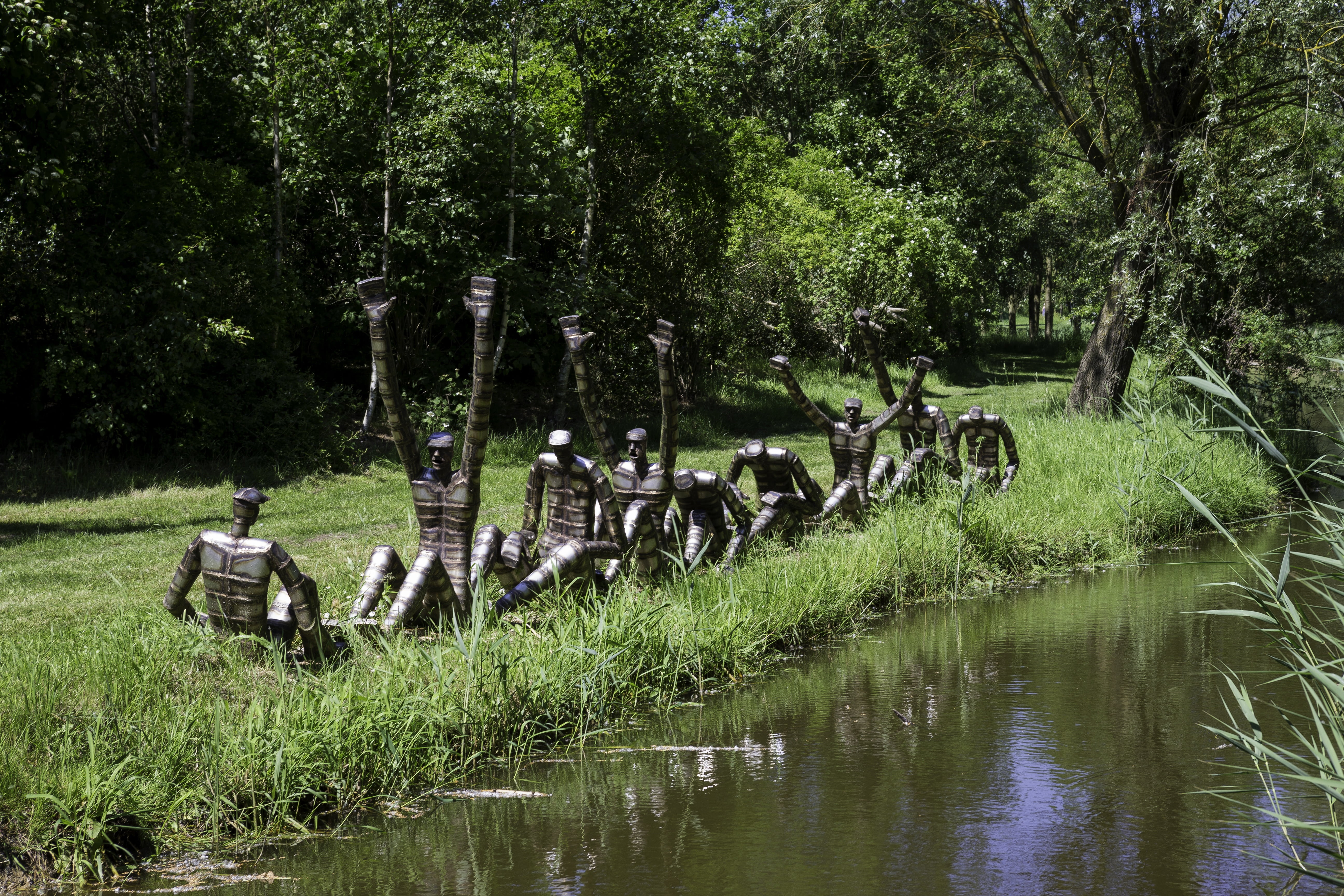 the rowers, plant, day, group of animals, steel group sculpture, lake, animal themes, real people, water-side, nature, water, waterfront, green color, sunshine, HD Wallpaper
