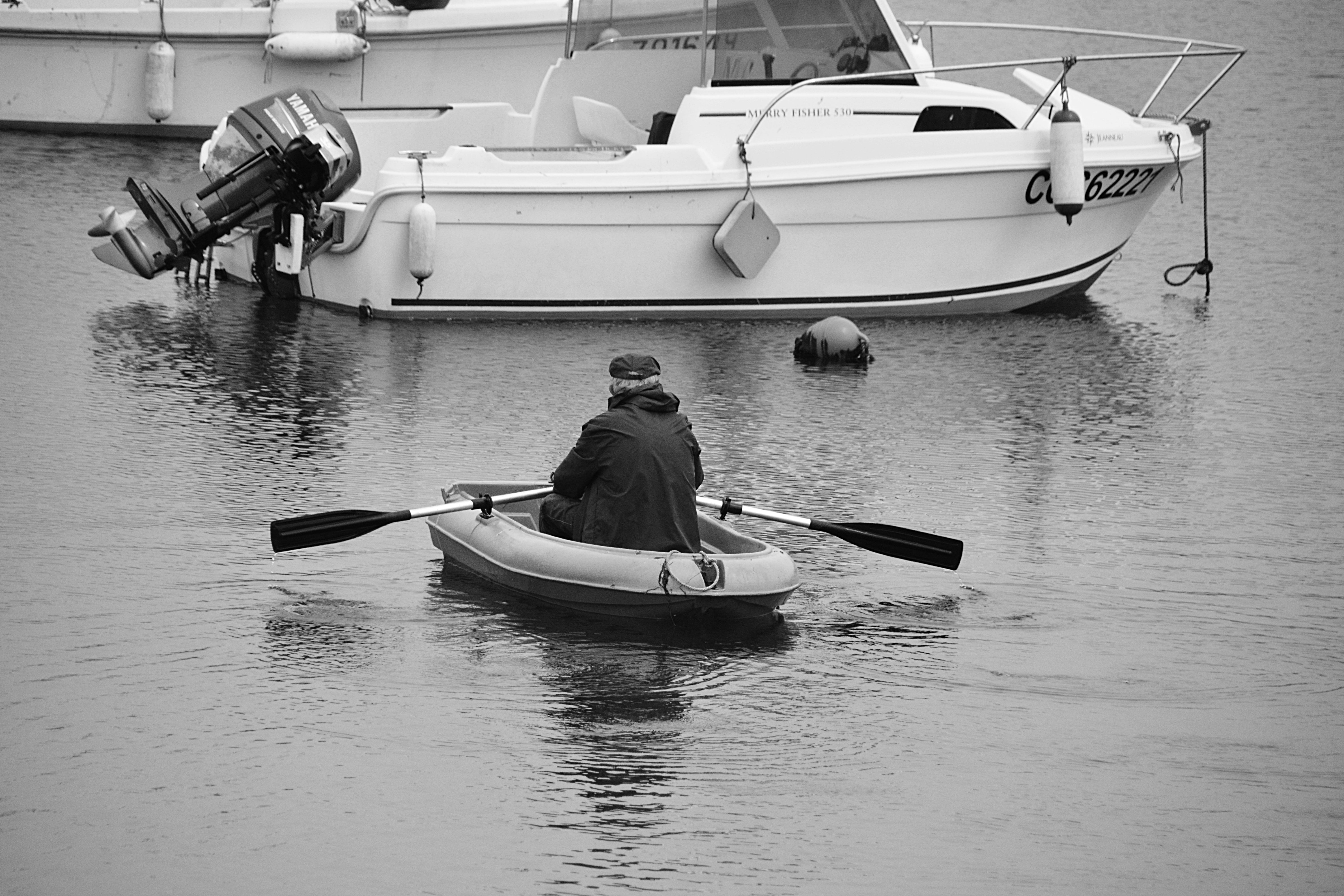 rear view, men, character, day, waterfront, transportation, 5K, lake, relax, man, outdoors, one person, black and white, lifestyles, leisure activity, HD Wallpaper