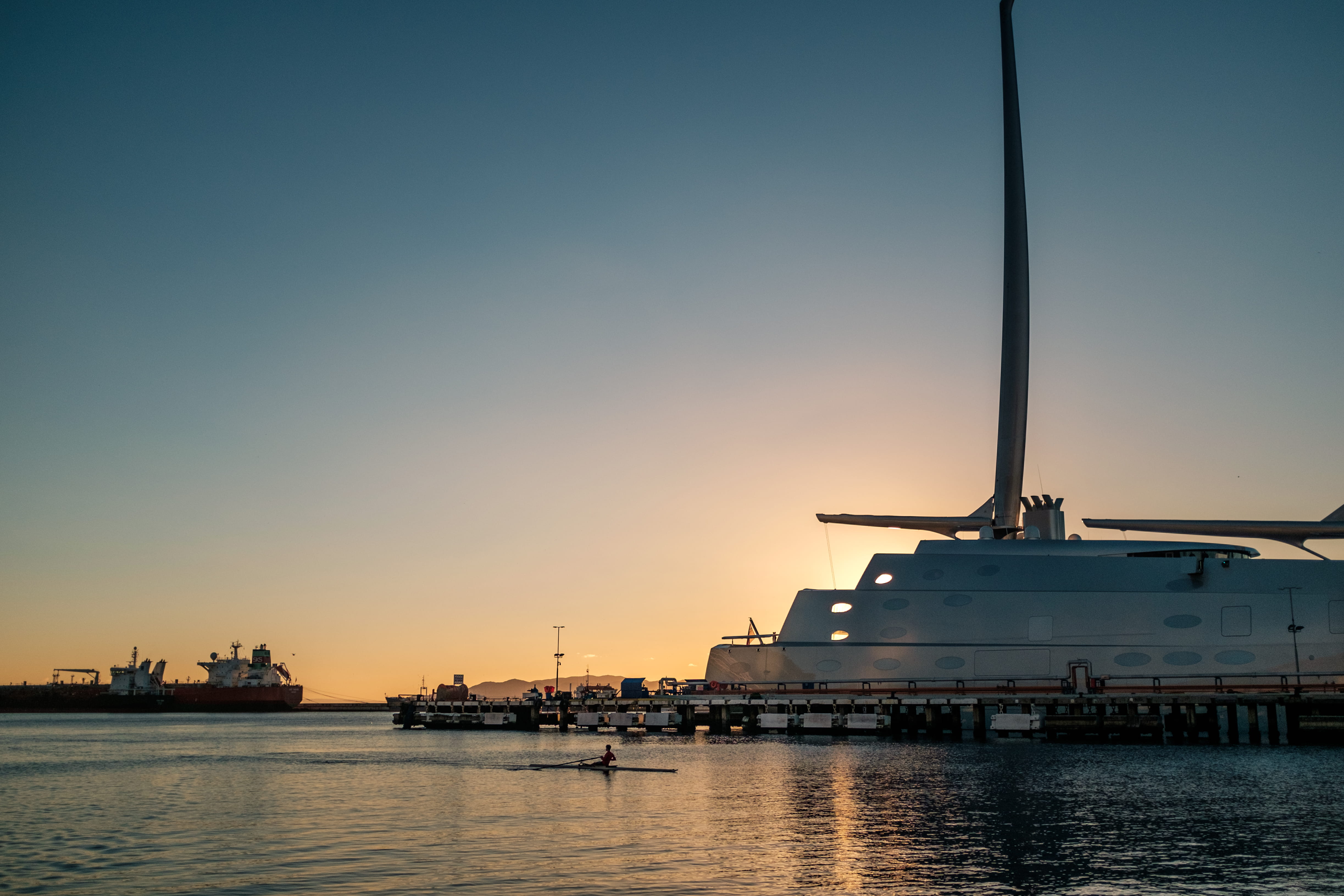 sunset, mediterranean, superyacht, ocean, boat, mode of transportation, pier, nautical vessel, copy space, nature, goldenhour, rower, yacht, passenger craft, HD Wallpaper