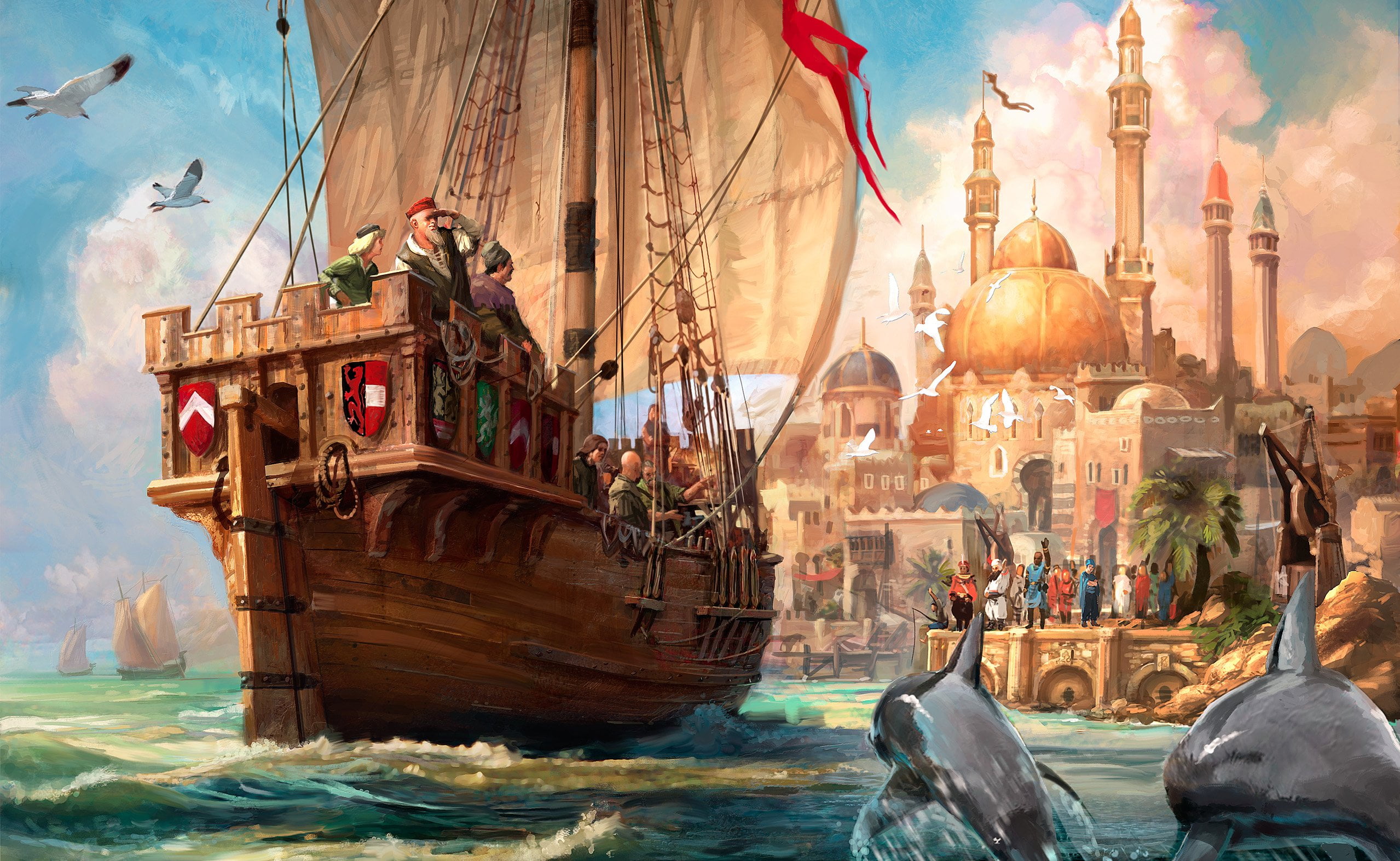 Anno 1404, artwork, architecture, video games, sea, concept art, dolphin, ship, sailing ship, digital art, 1080P, HD Wallpaper