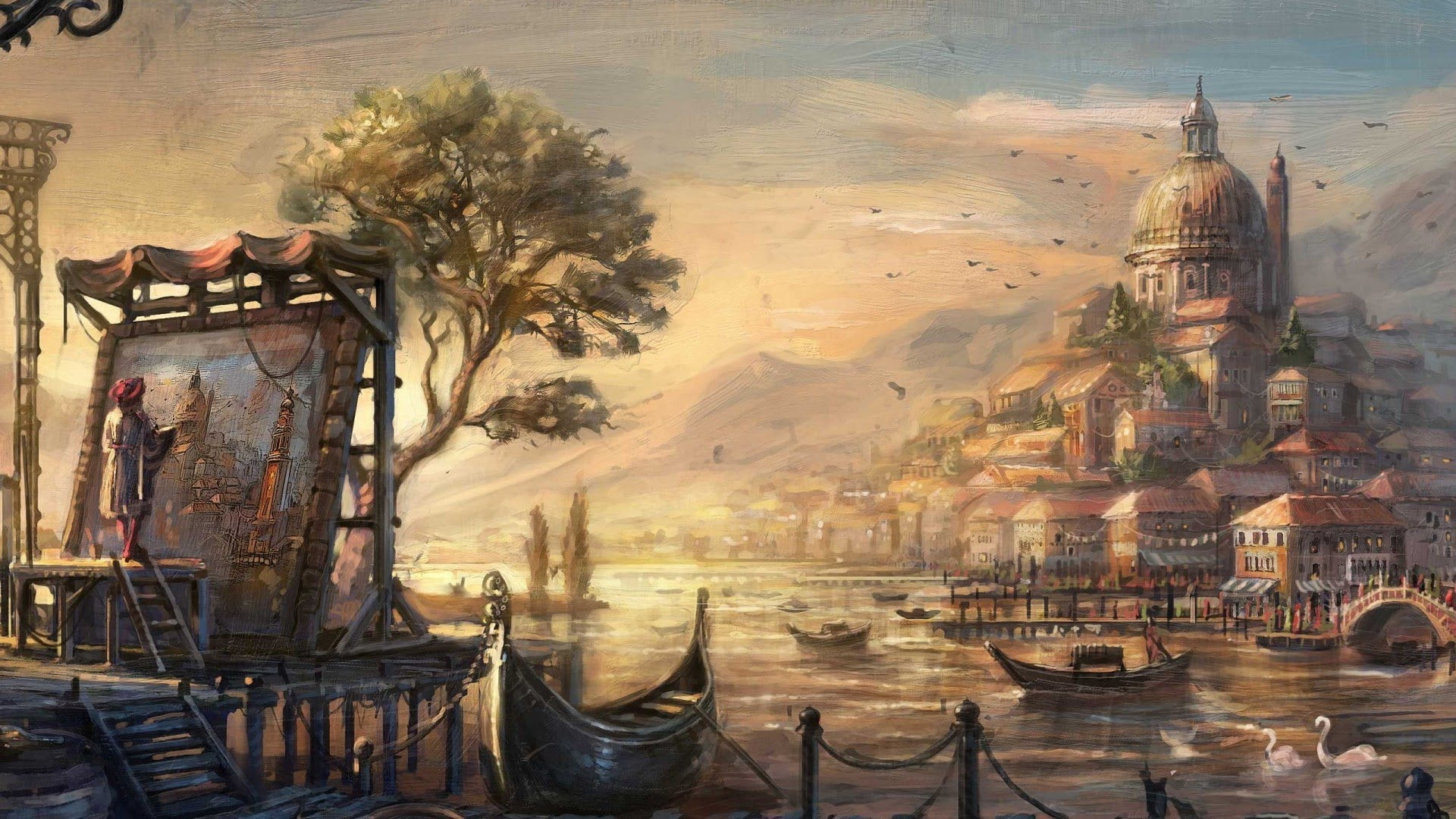 fantasy art, Anno 1404, birds, painting, digital art, video games, cathedral, 1080P, house, city, trees, boat, HD Wallpaper
