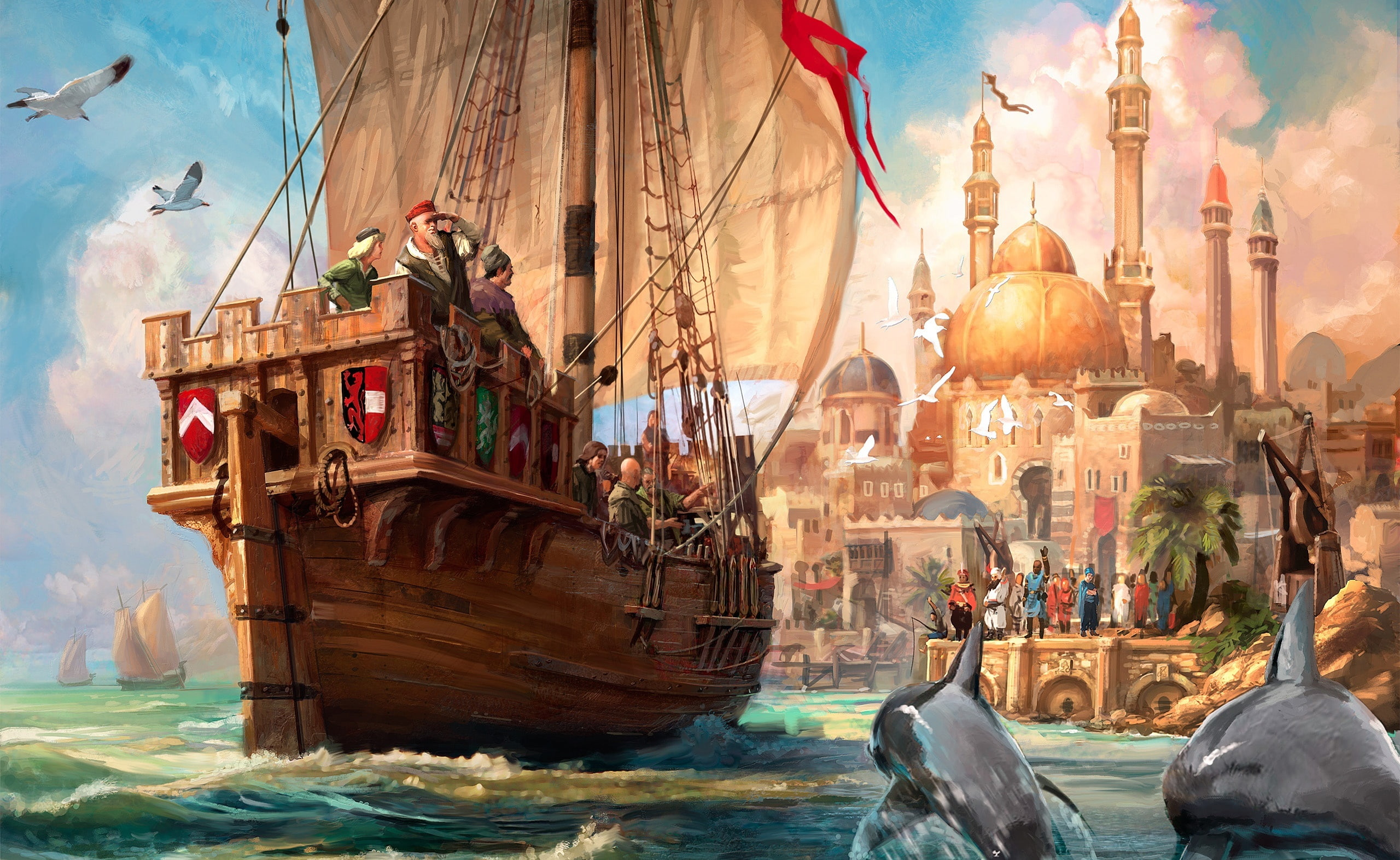 real people, men, ship, nautical vessel, belief, Games, illustration, religion, mode of transportation, group of people, anno, building exterior, Artwork, HD Wallpaper