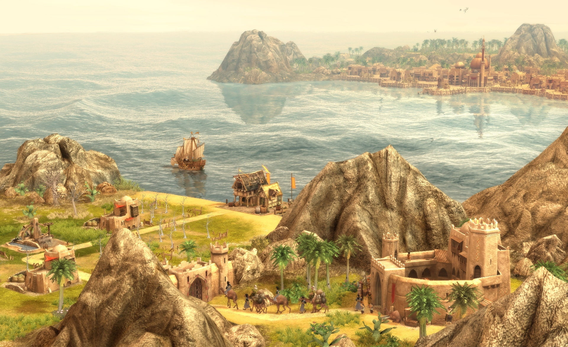 travel destinations, anno, plant, rock, sea, sky, solid, 1080P, dawn of discovery, environment, outdoors, Anno 1404, rock formation, scenics - nature, HD Wallpaper