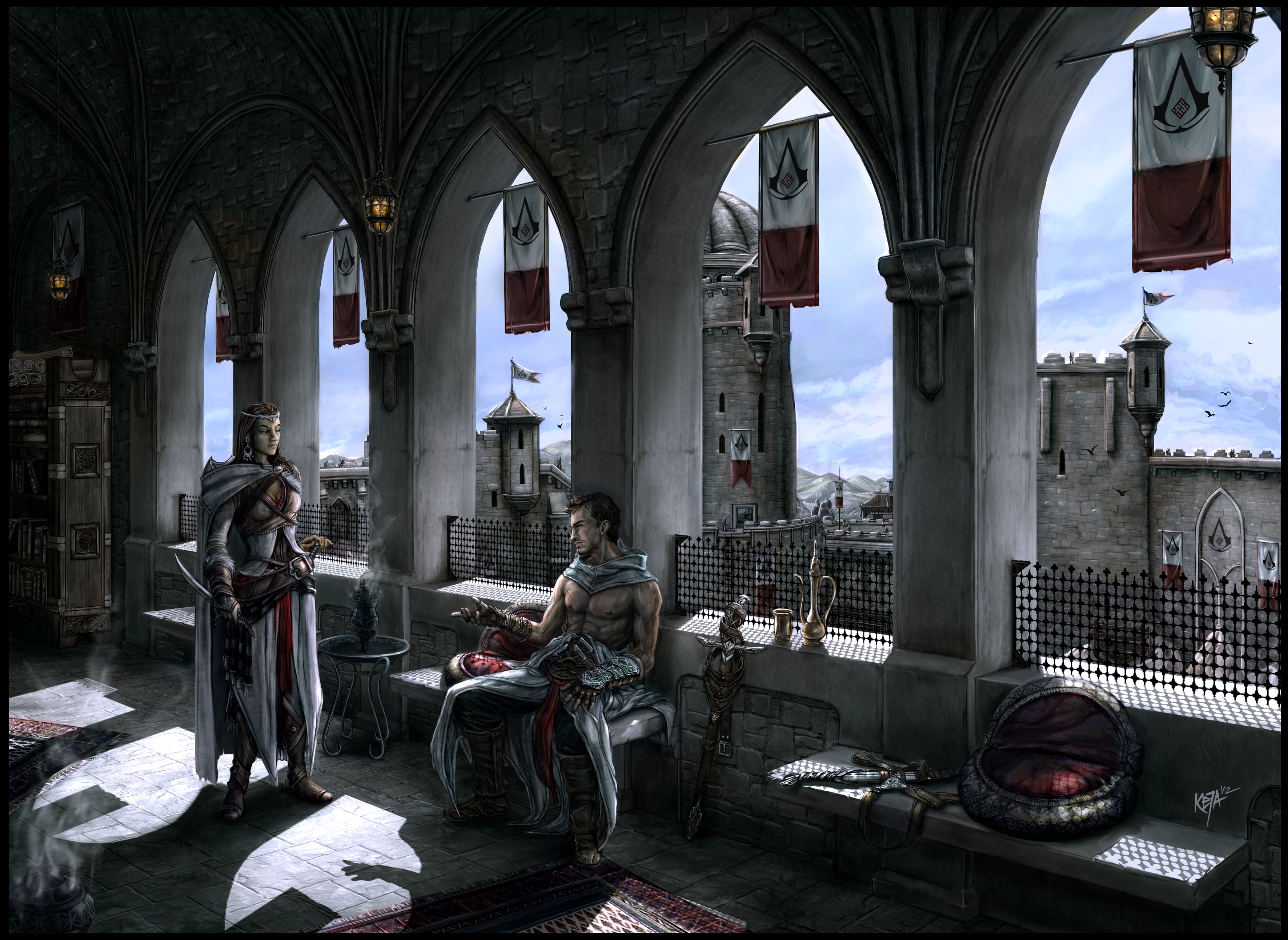 men, urban Scene, chair, spirituality, old, real people, Masyaf, famous Place, sitting, assassin, building exterior, architecture, place of worship, architectural column, HD Wallpaper