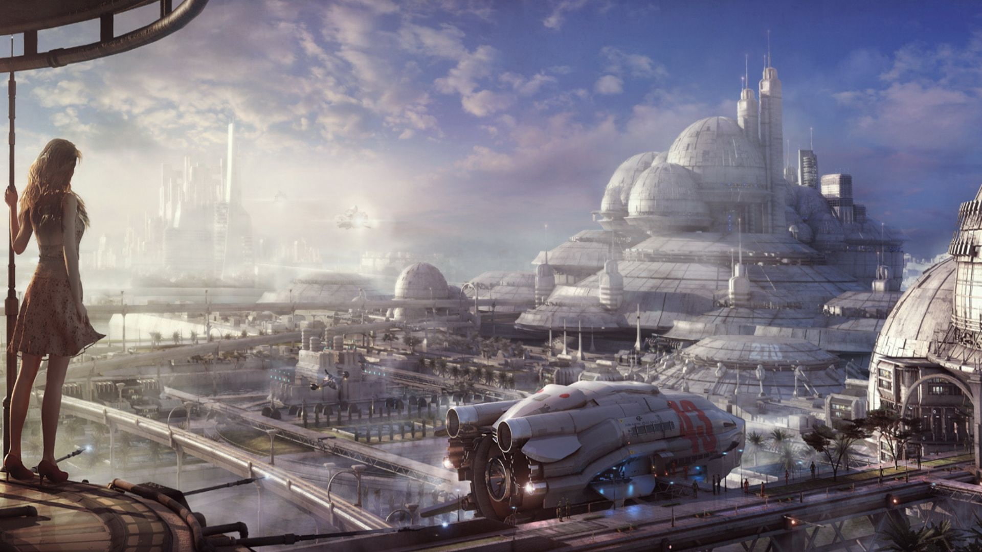 spaceport, Planet, Shuttle, girl, clouds, 1080P, the sky, future, HD Wallpaper