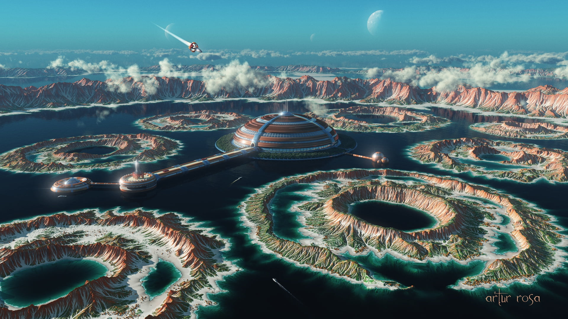 the sky, mountains, fiction, Artur Rosa, ship, spaceship, port, the spaceport, clouds, rocks, 1080P, HD Wallpaper