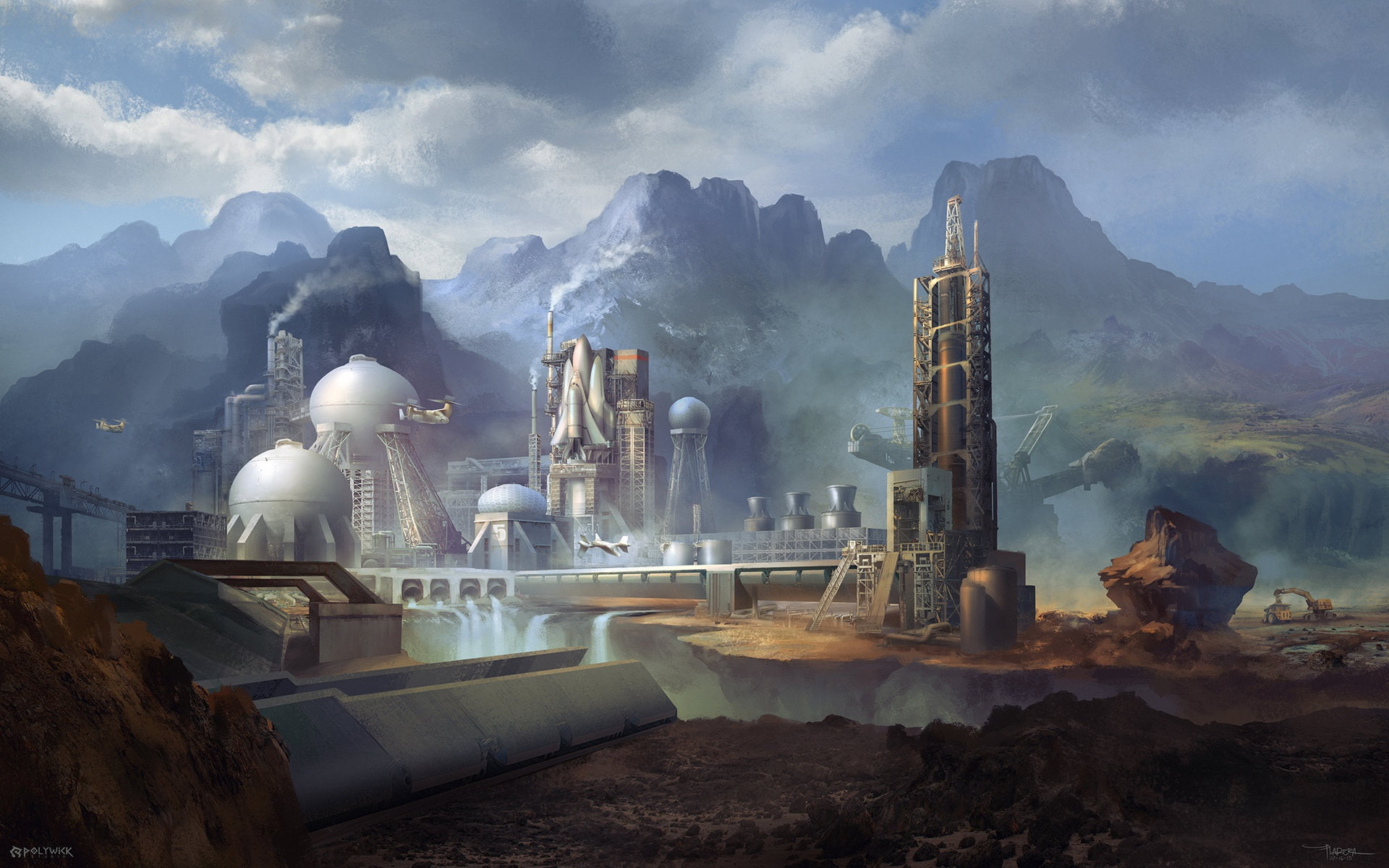 Station, waterfall, mountains, 1080P, dam, spaceport, HD Wallpaper