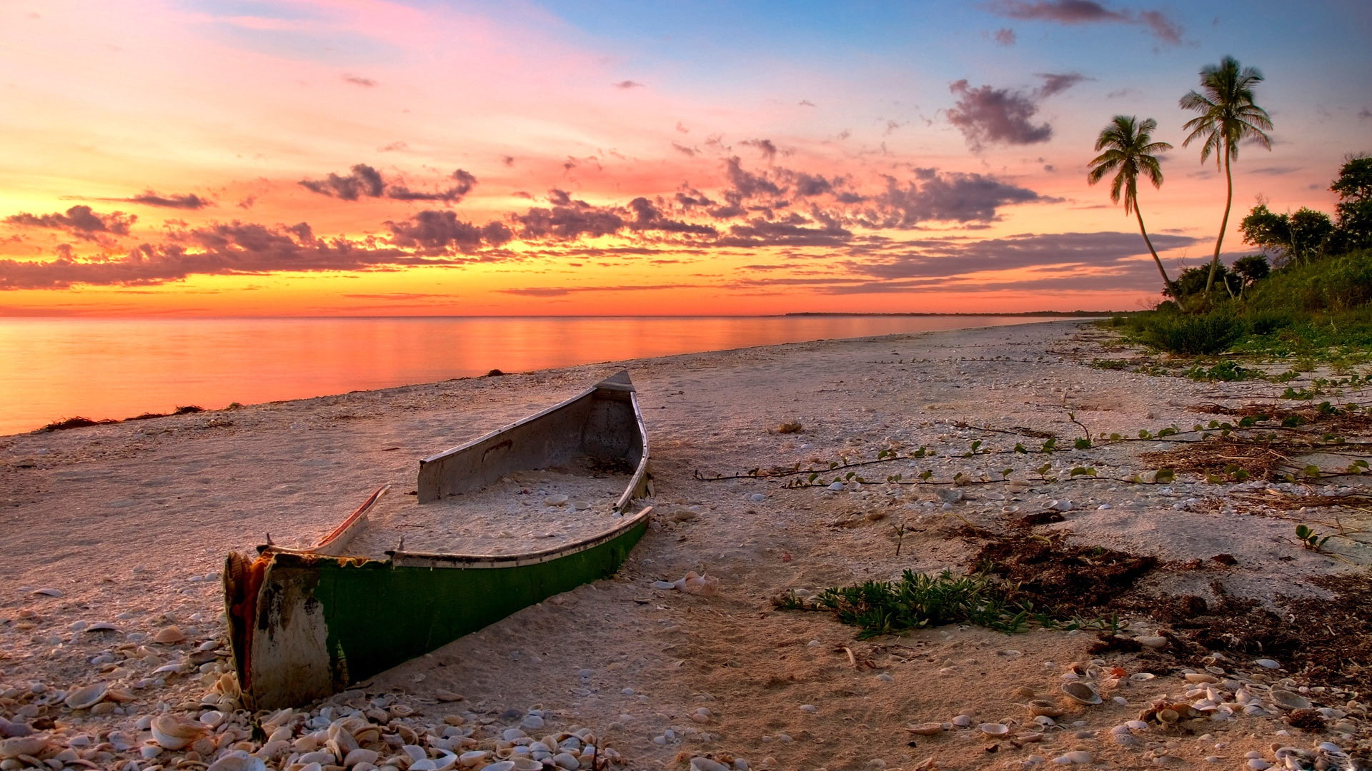 Sunset, Sea, Boat, 1080P, Scenery, Broken, Clouds, Beach, Red, HD Wallpaper