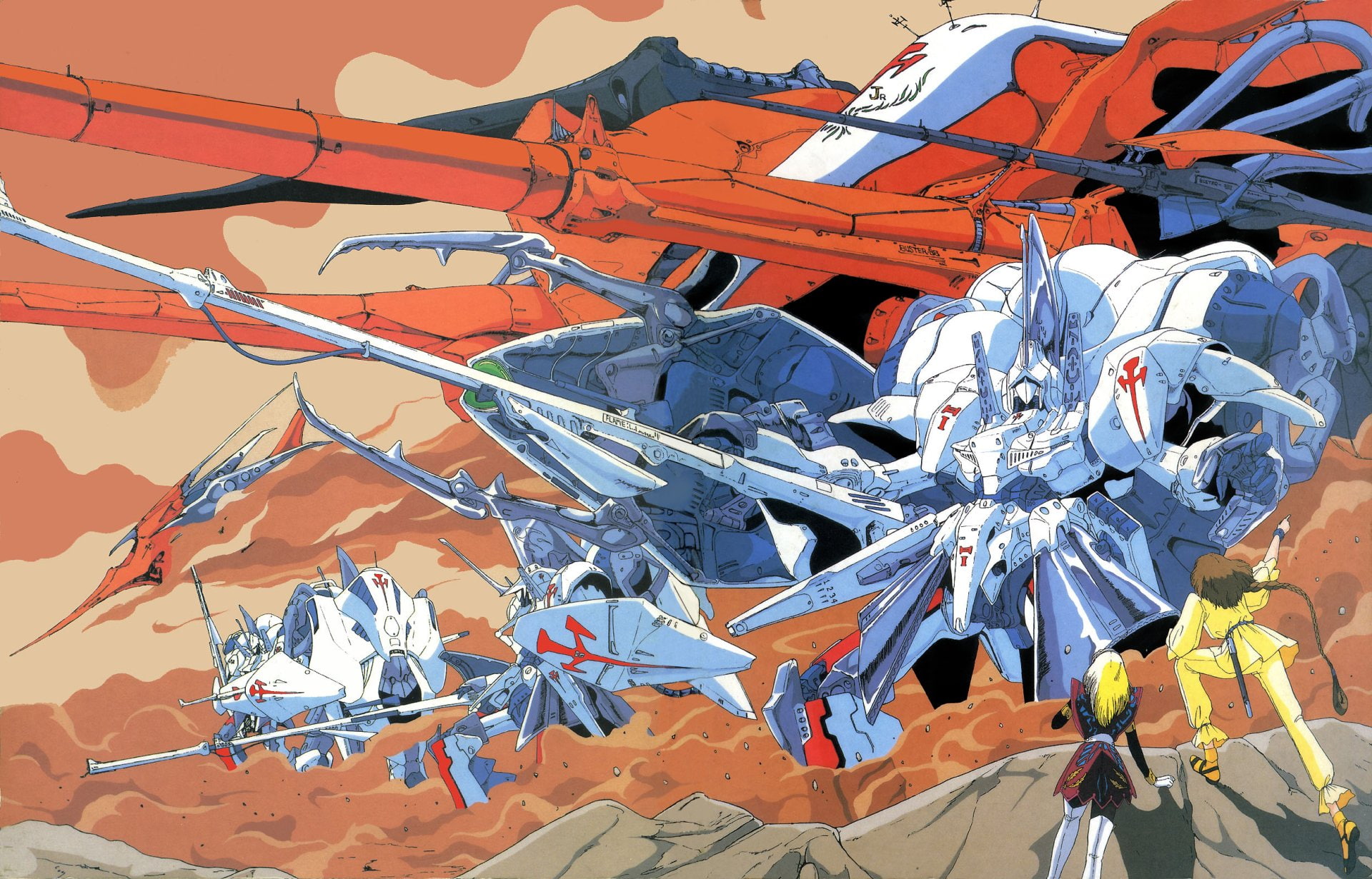 white, 1080P, orange, The Five Star Stories, Anime, robot, illustration, HD Wallpaper