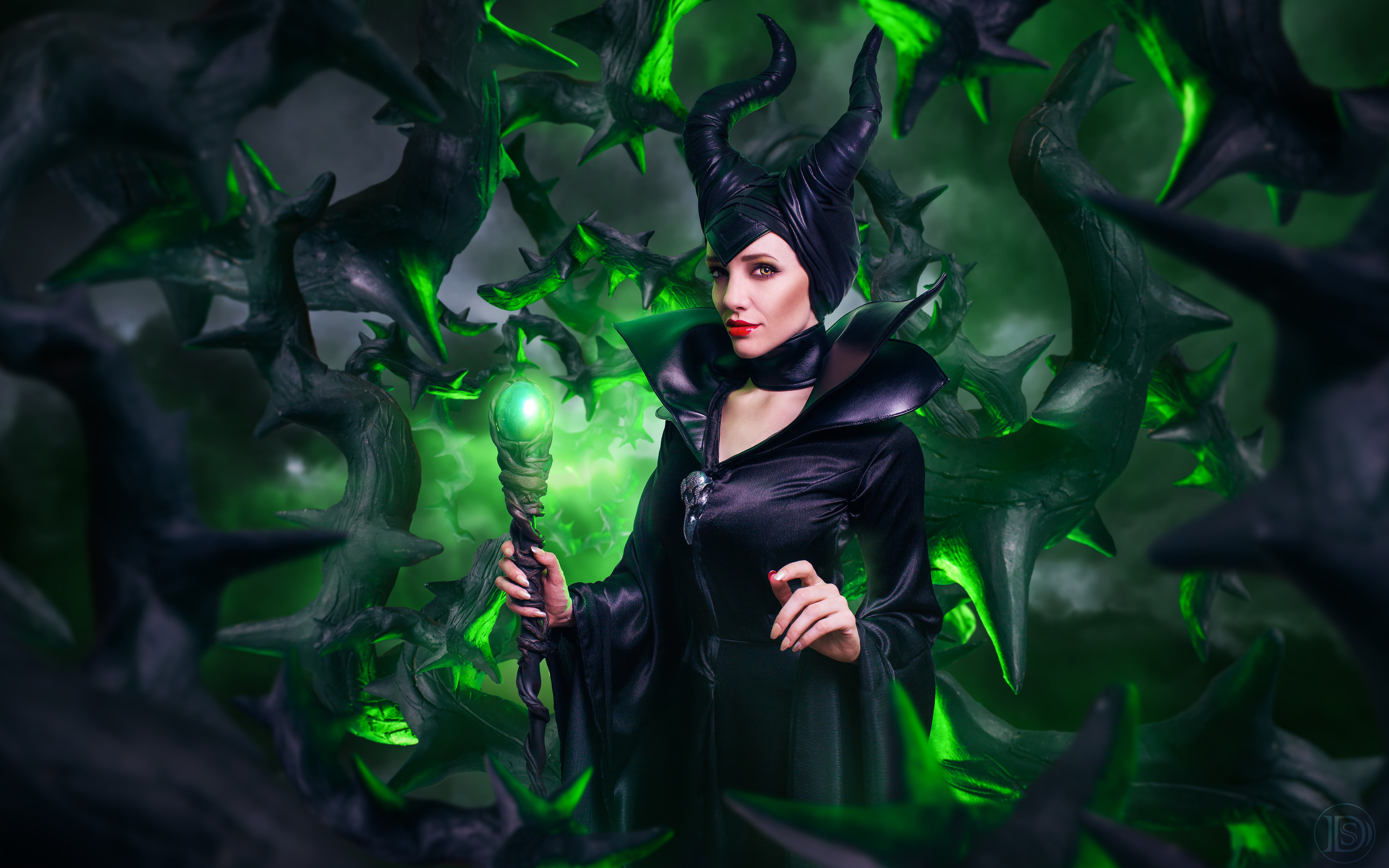 standing, portrait, wand, angelina, green, front view, young women, black, magic, women, maleficent, horns, lifestyles, looking at camera, black color, HD Wallpaper
