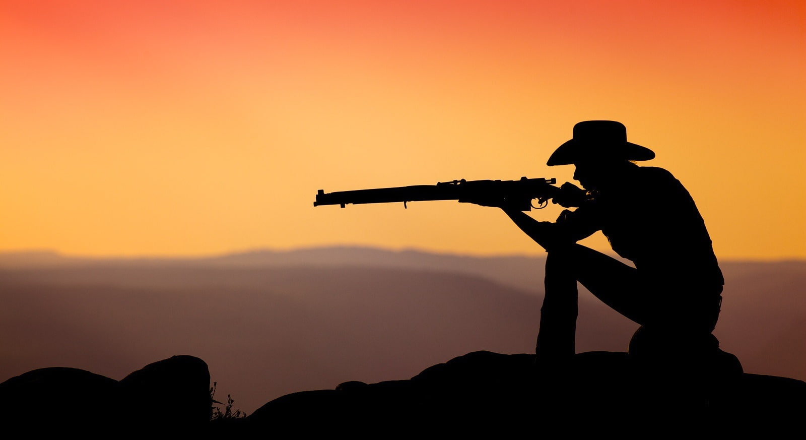 weapon, musical instrument, sky, rifle, orange color, real people, Cowboy, side view, Orange, Sunset, hunting, hat, three quarter length, standing, men, HD Wallpaper