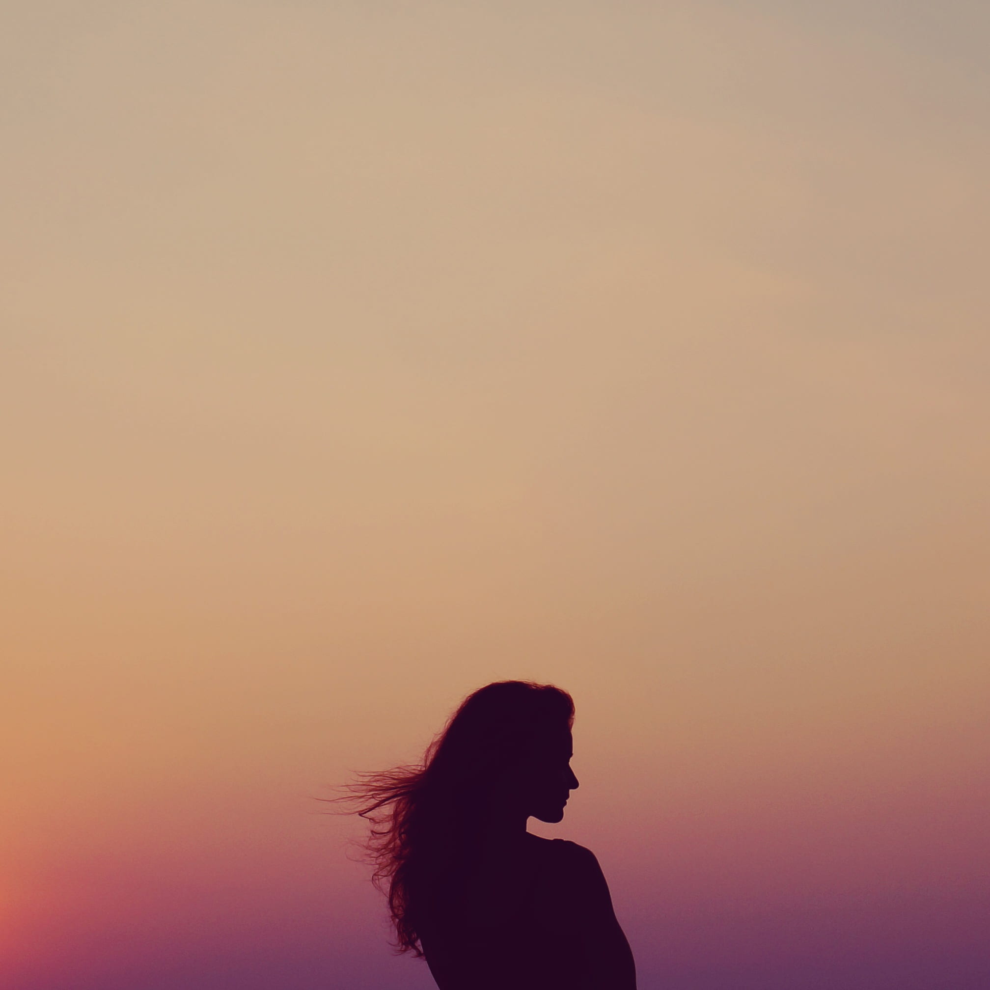 side view, headshot, night, real people, beauty in nature, hair toss, female, adult, sunset, portrait, orange, sky, one person, shadow, minimal, photography, Phone HD Wallpaper