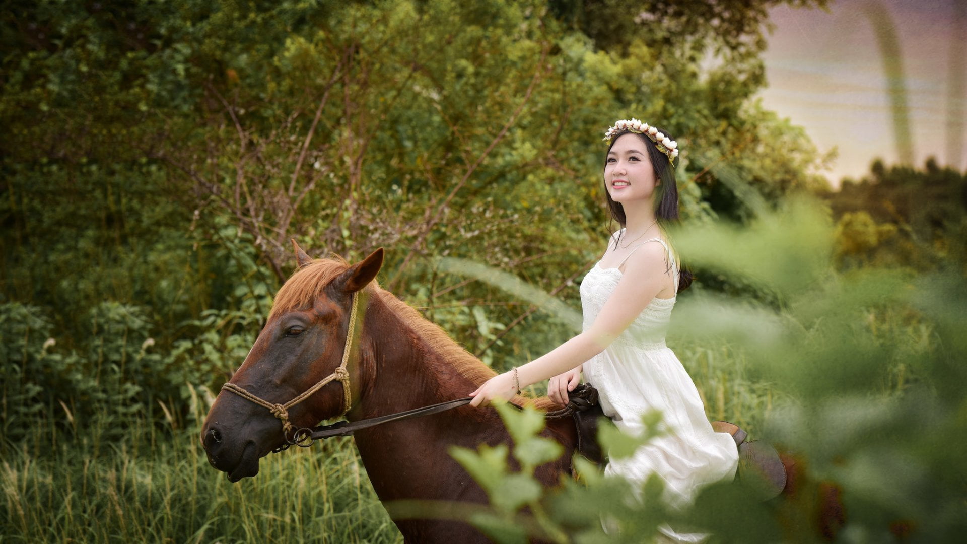 White Dress, dress, Brunette, Wreath, Asian, 1080P, hair, Horse, Women, adult, beauty, Woman, Girl, young adult, grass, fashion, beautiful woman, tree, HD Wallpaper