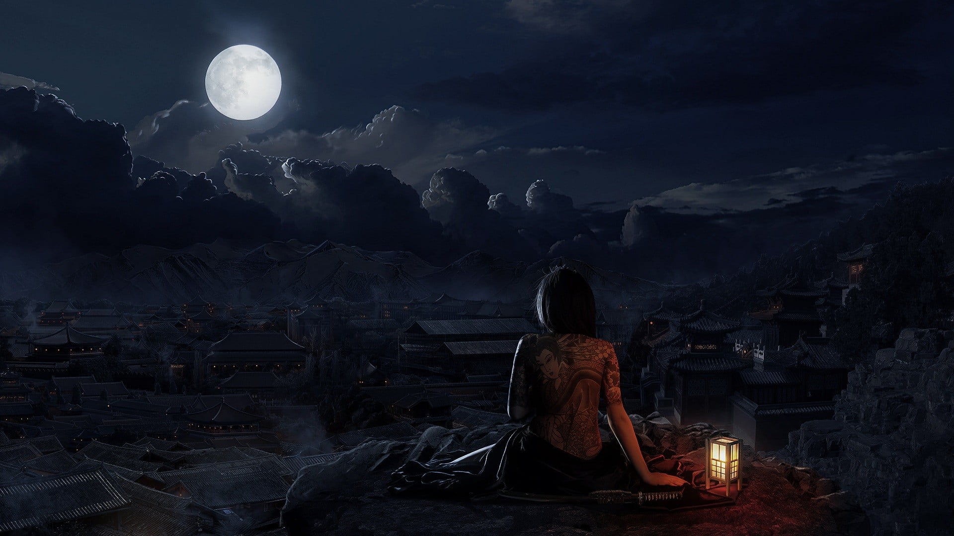 fire, sky, night, burning, outdoors, lamp, religion, spooky, 1080P, sitting, real people, full moon, clouds, one person, building, architecture, nature, HD Wallpaper