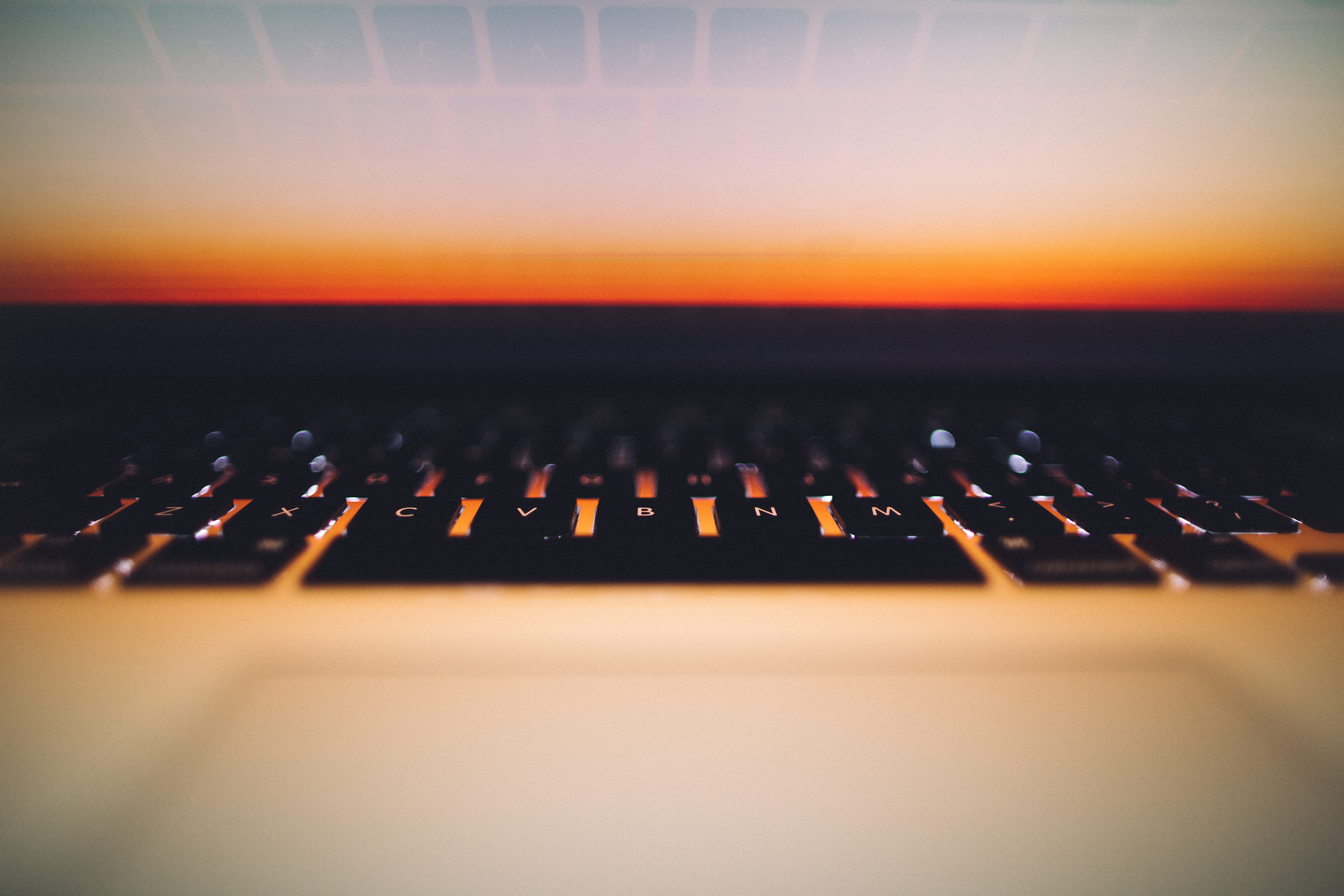 musical equipment, laptop, indoors, mbp, sound recording equipment, orange color, mac, studio, sunset, in a row, computer keyboard, arts culture and entertainment, HD Wallpaper