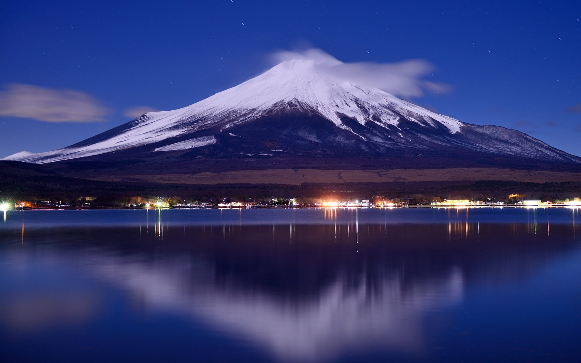 Lights, mount, Night, Japan, Fuji, Lake, 1080P, Clouds, HD Wallpaper