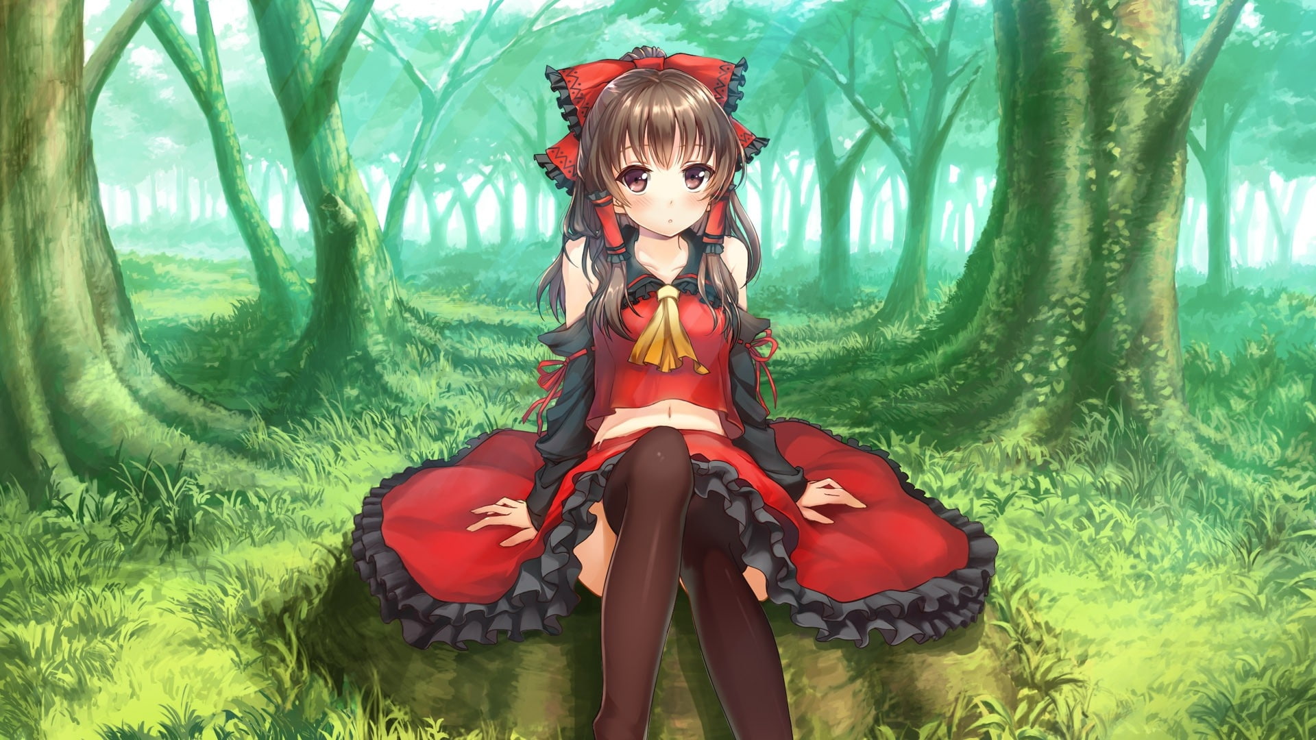 soft, brunettes, 1080P, highs, reimu, blush, thigh, art, skirts, hd, Touhou, forest, nature, hakurei, trees, red, japan, shading, tie, forests, eyes, HD Wallpaper