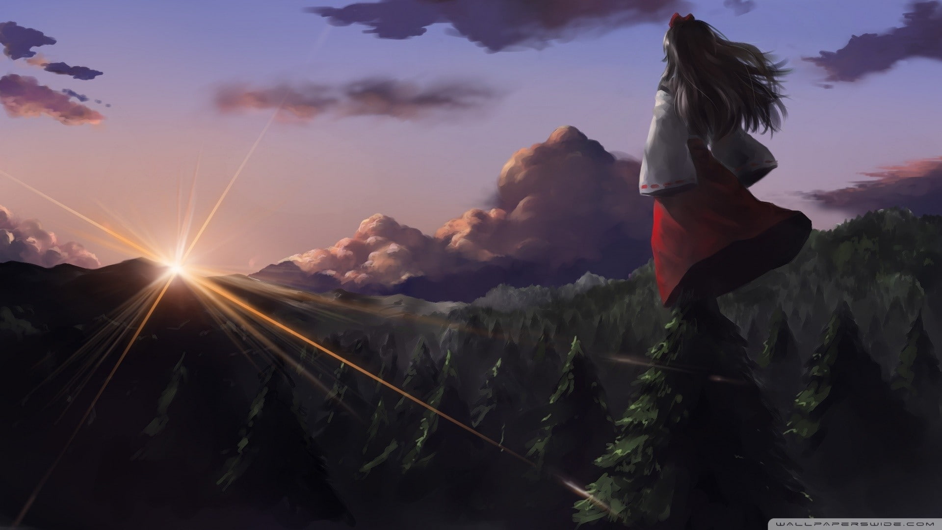 hakurei, clothes, reimu, women, touhou, art, hd, japanese, sunsets, 1080P, nature, sunset, HD Wallpaper