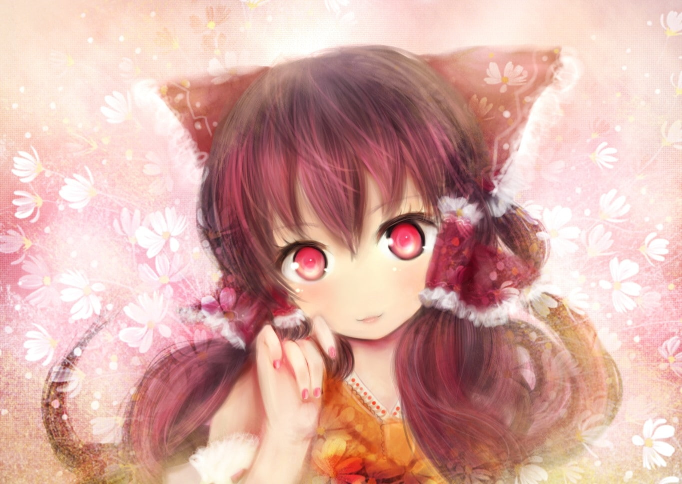 art, hd, girls, brunettes, hair, anime, Flowers, close-up, miko, closeup, faces, red, eyes, reimu, Touhou, hakurei, long hair, detach, long, bows, 720P, HD Wallpaper