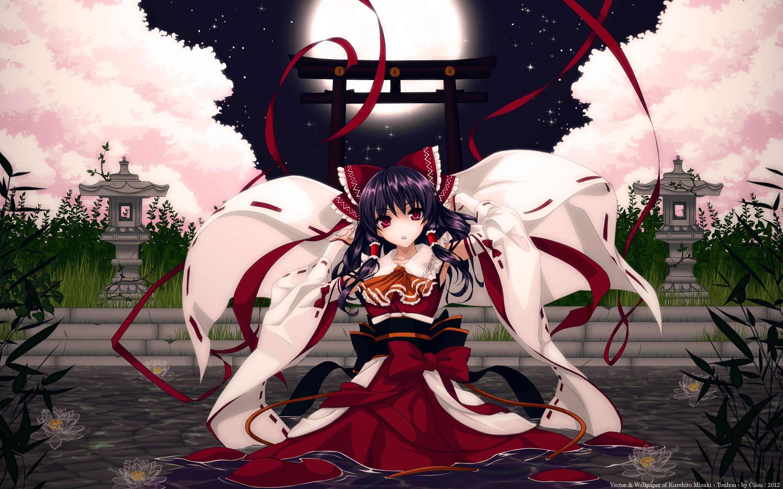 moons, cherry blossoms, moon, detache, space, vector, hakurei, cherry, torii, 2K, reimu, blossoms, kurehito, hd, japanese, Touhou, clothes, art, miko, HD Wallpaper