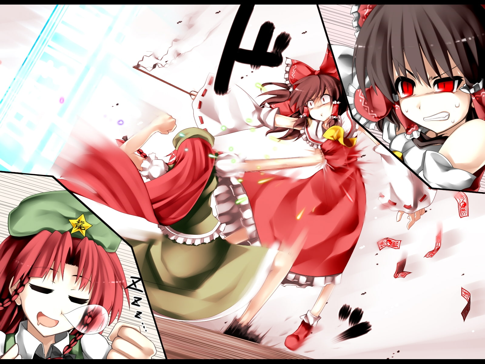 hong, sleeves, reimu, miko, hd, x, long, punch, people, detached, Touhou, art, 720P, hakurei, meiling, hair, HD Wallpaper