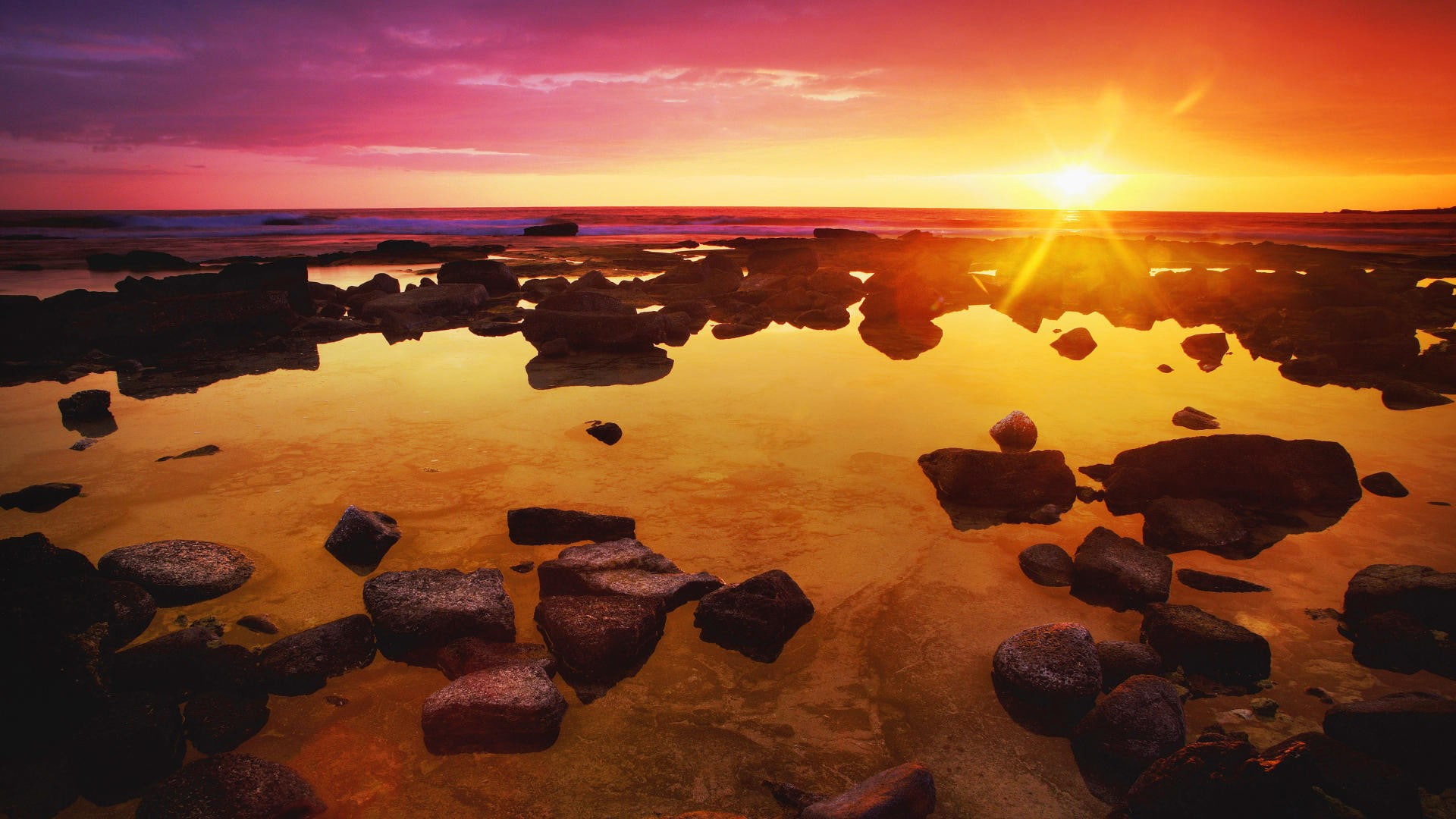 1080P, landscape, horizon, Sun, purple sky, sea, sunrise, skyscape, rocks, HD Wallpaper