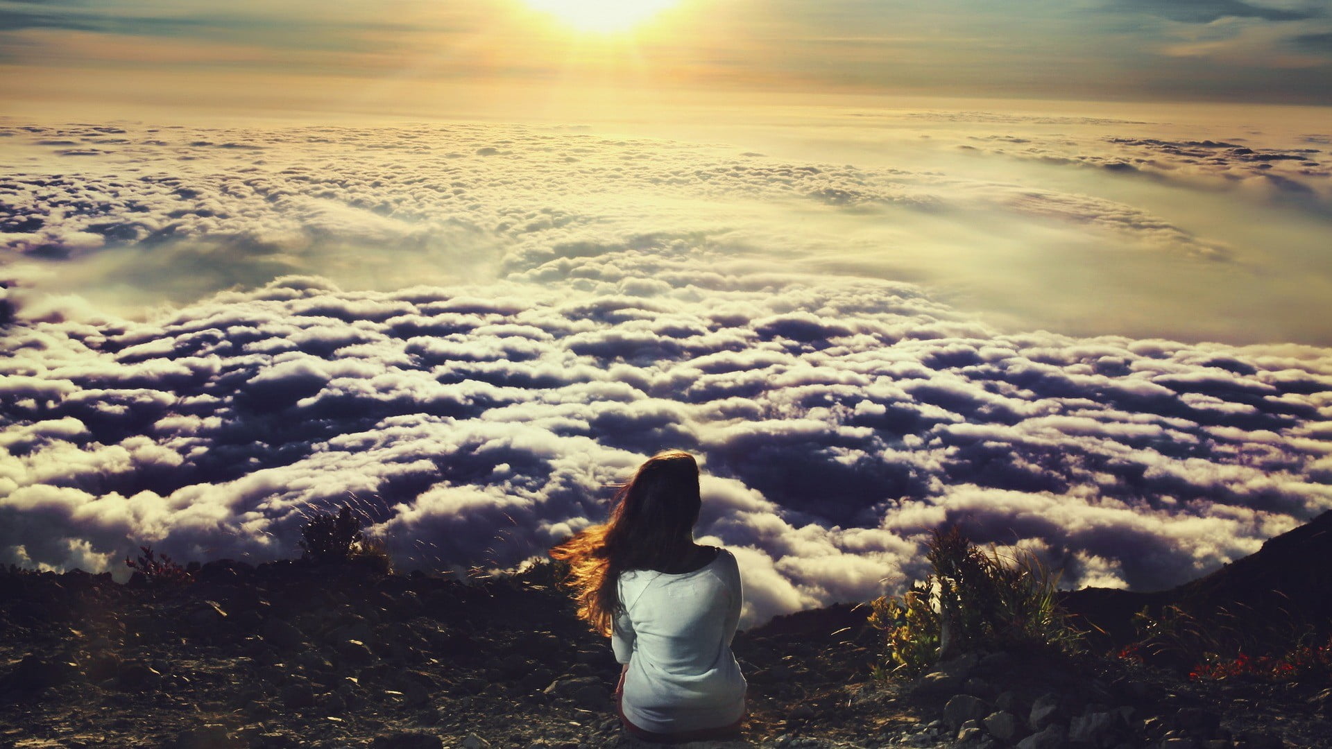 standing, rear view, warm clothing, one person, scenics - nature, real people, leisure activity, filter, 1080P, sunlight, sky, looking at view, landscape, HD Wallpaper
