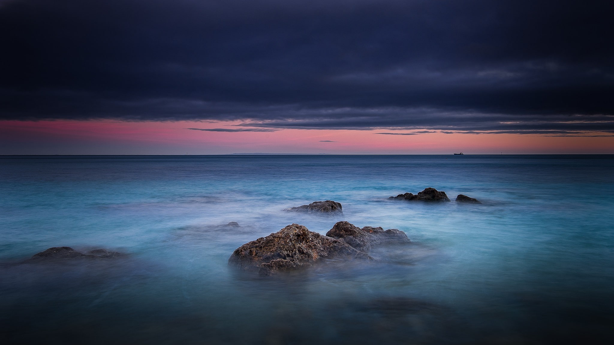 1080P, skyscape, landscape, coast, rocks, horizon, sea, purple sky, HD Wallpaper
