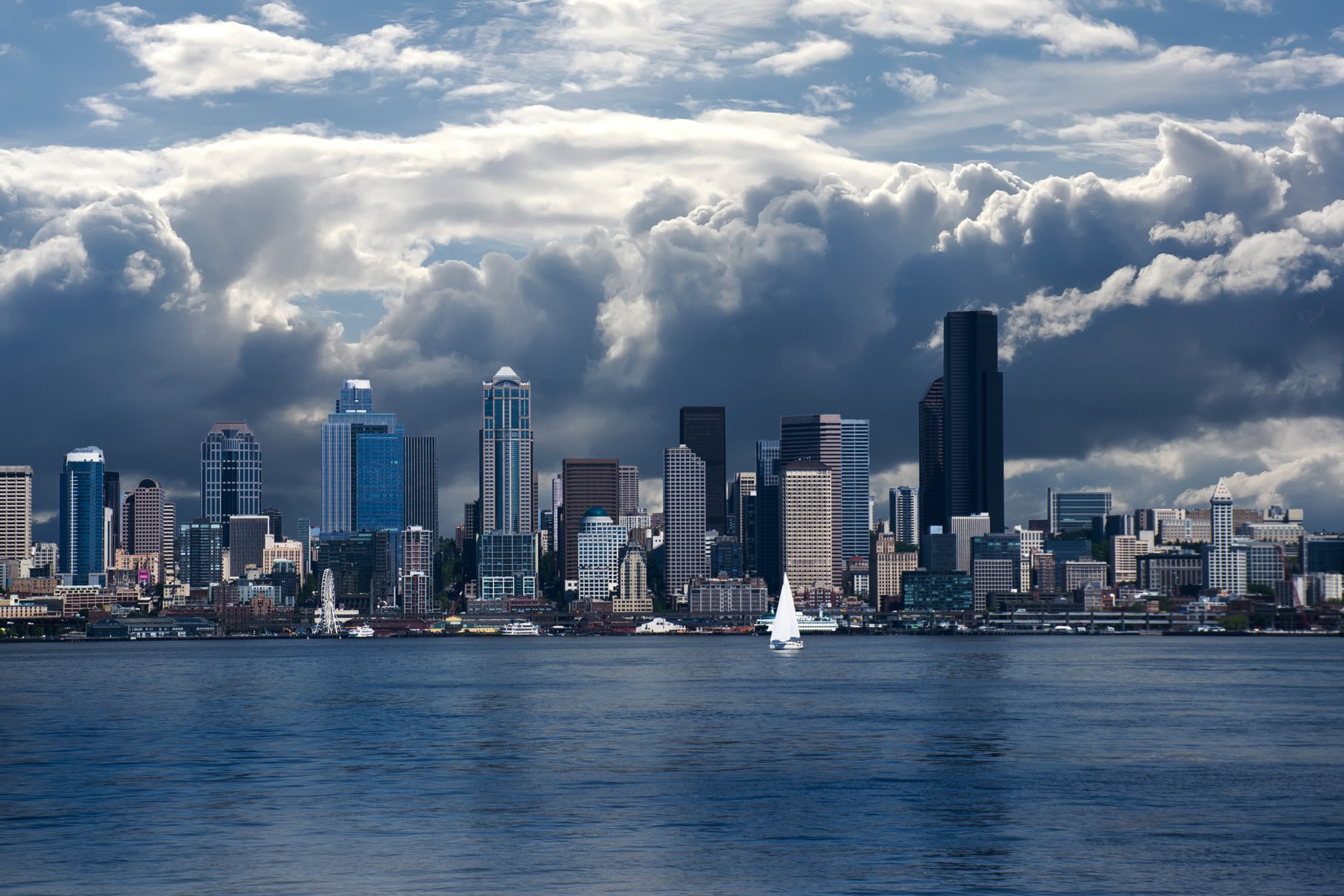 1080P, Skyscapers, cityscape, Skyline, architecture, Seattle, water, clouds, body, large, storm, city, HD Wallpaper