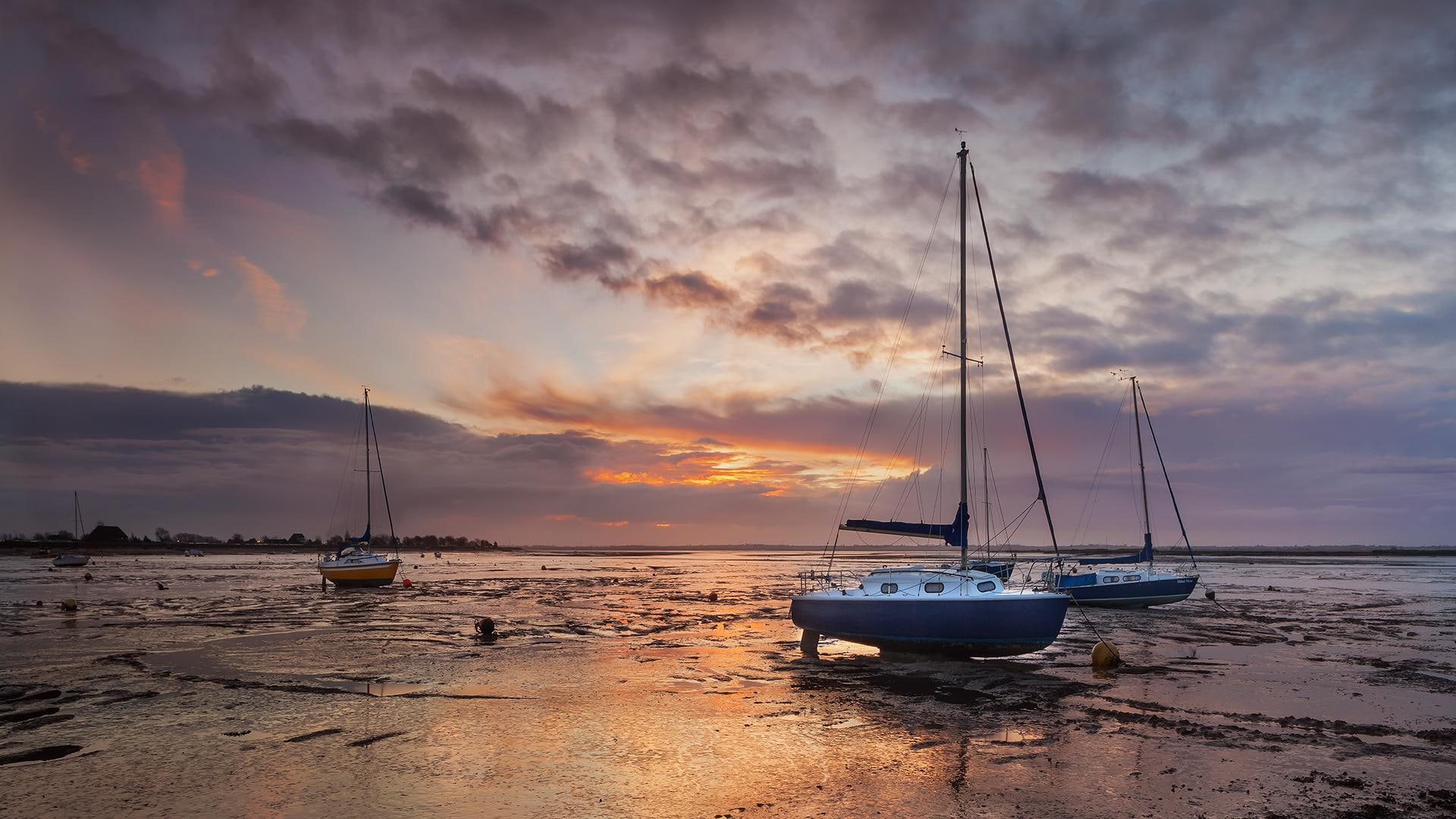 1080P, clouds, ocean, beach, boats, sunset, side, water, HD Wallpaper