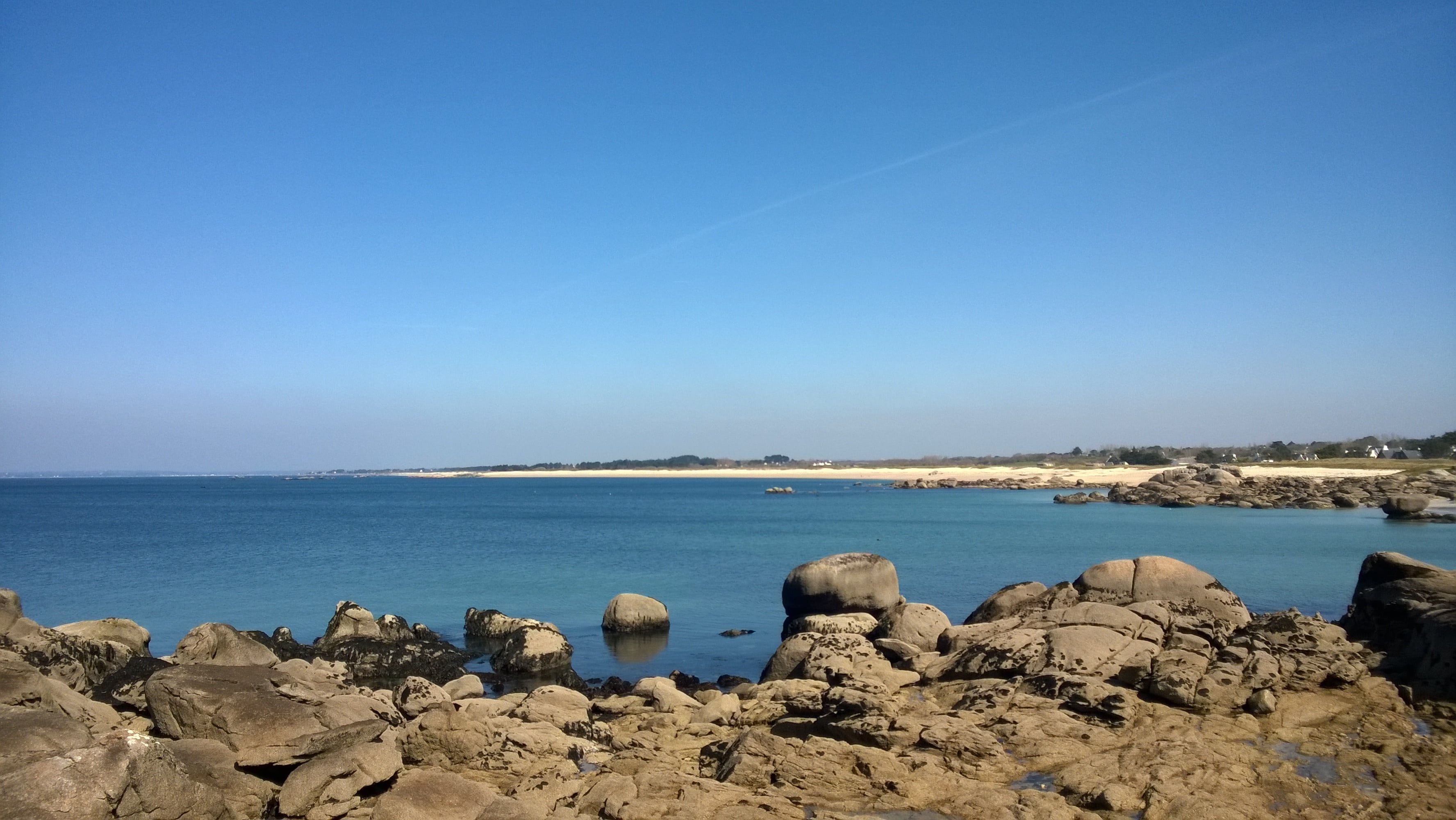horizon, groyne, no people, 2K, rock - object, solid, bay, water, landscape, trévignon, sea, side, sky, rock, blue, brittany, day, clear sky, france, beach, HD Wallpaper
