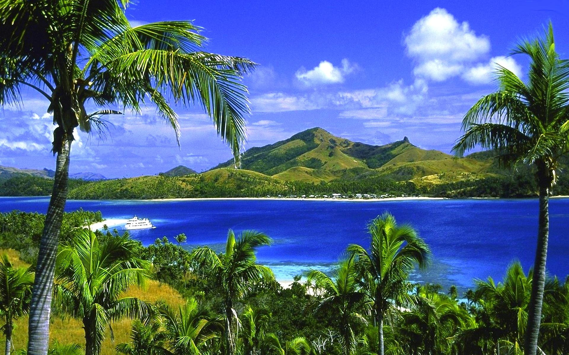 1080P, mountains, cruising, cruise, boats, beach, palm, passenger ships, summer, river, HD Wallpaper