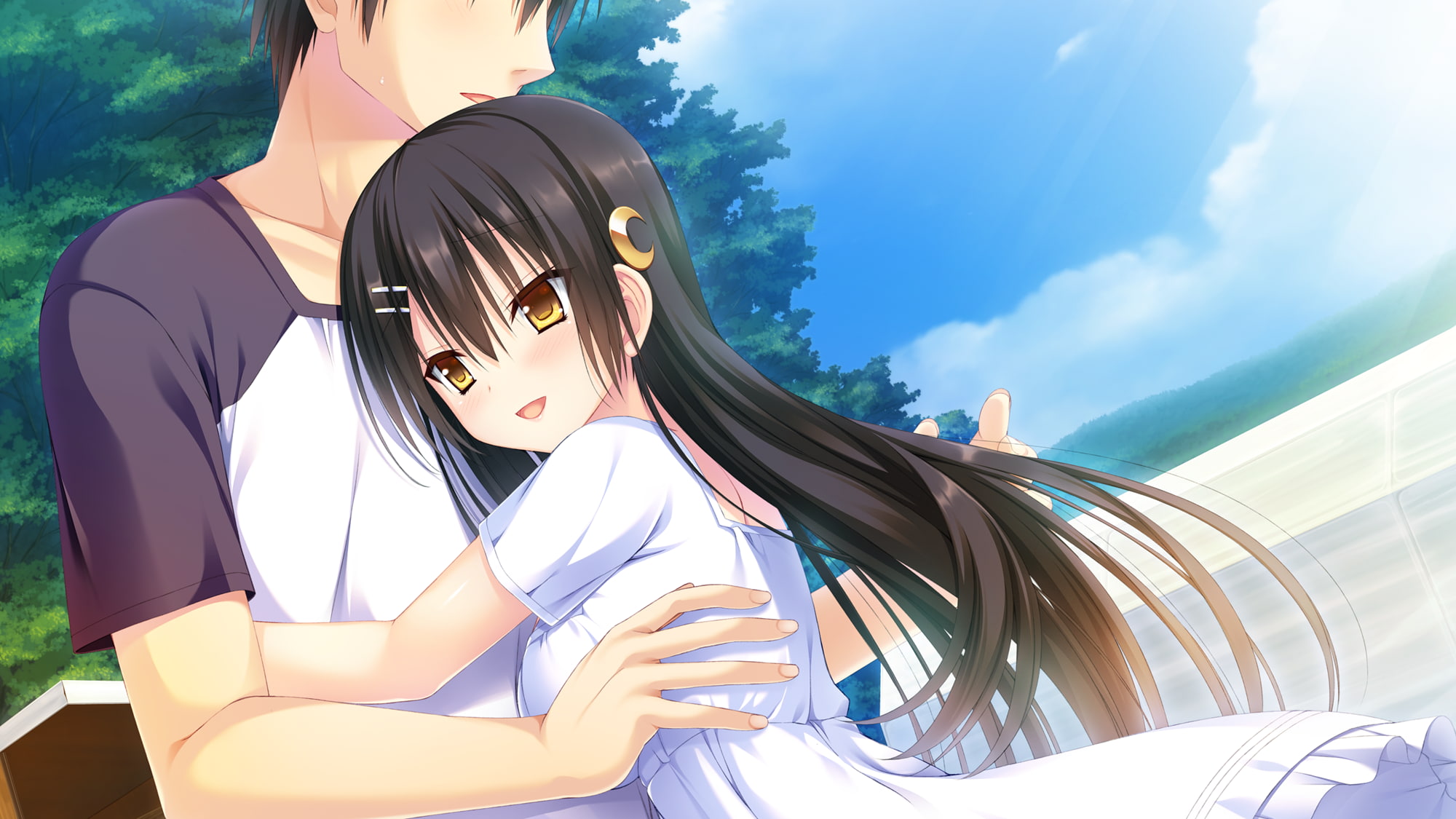 Anime, lifestyles, sky, sunlight, outdoors, young women, one person, women, three quarter length, nature, visual novel, adult, 1080P, romance, sitting, HD Wallpaper
