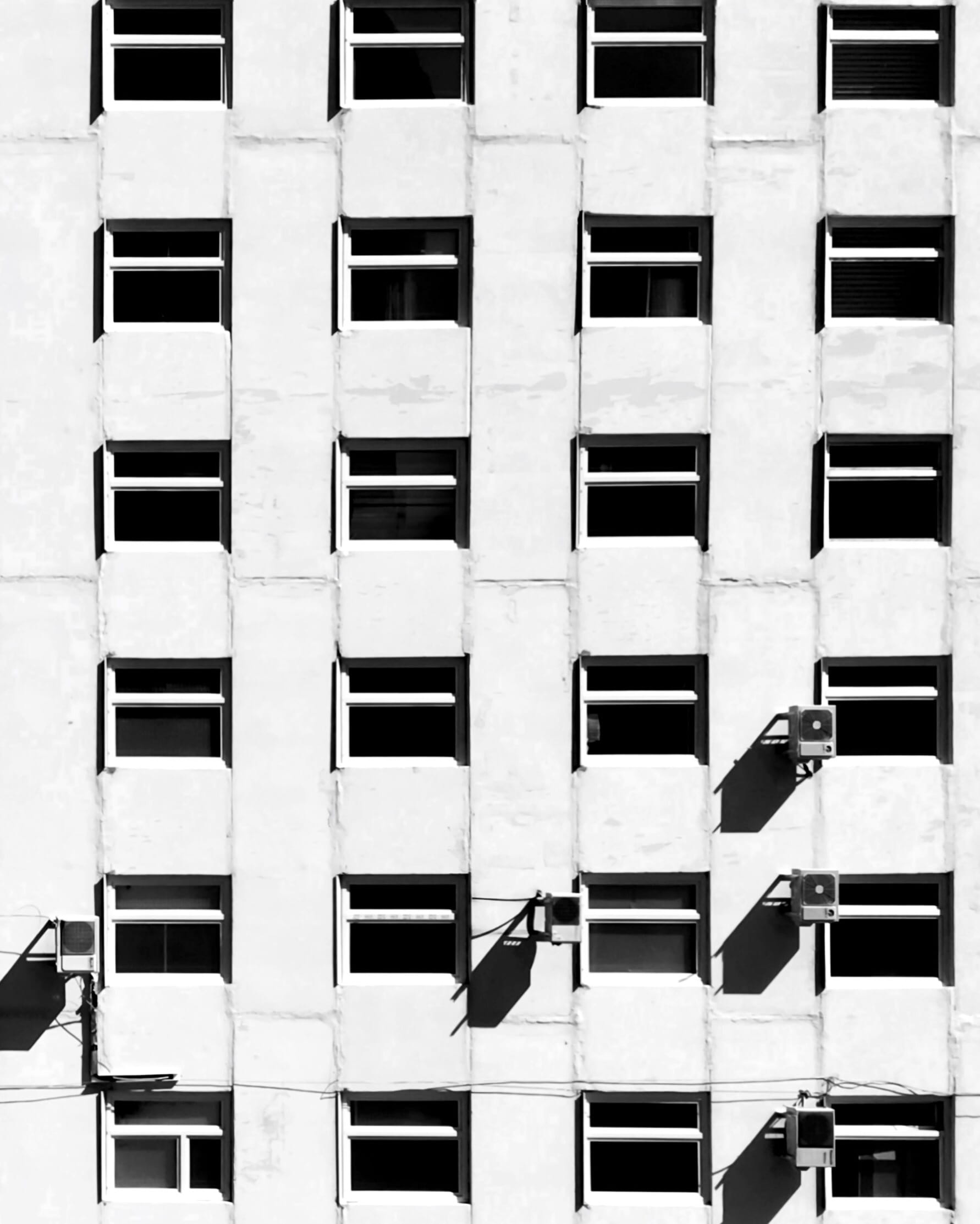day, town, architecture, urban, black and white, shadow, electrical device, street, city, appliance, residential district, collage, high rise, full frame, Phone HD Wallpaper