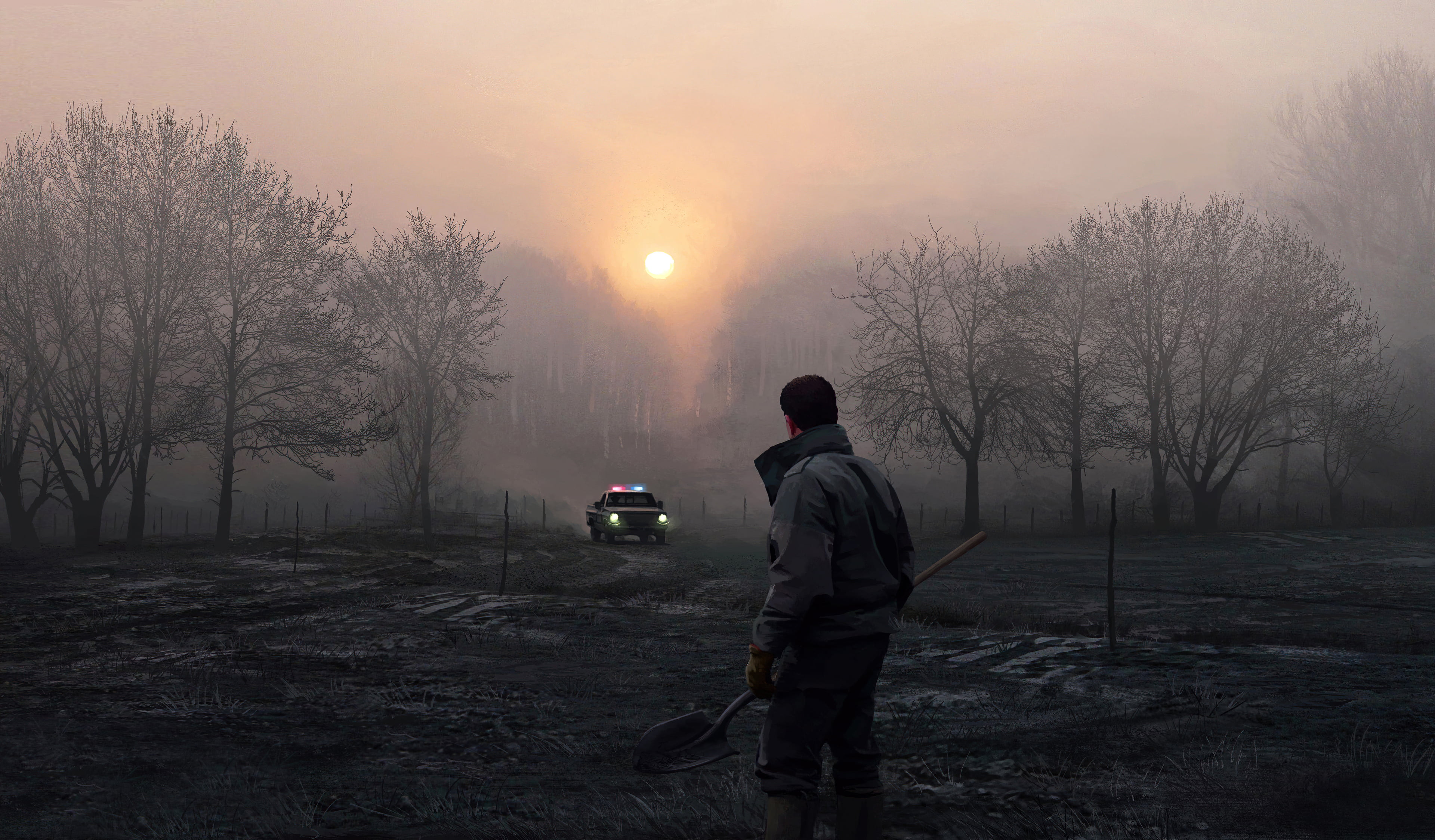 mist, Sun, landscape, shovels, wet, artwork, Headlights, nature, fantastic realism, winter, mud, police, 4K, field, overcast, HD Wallpaper