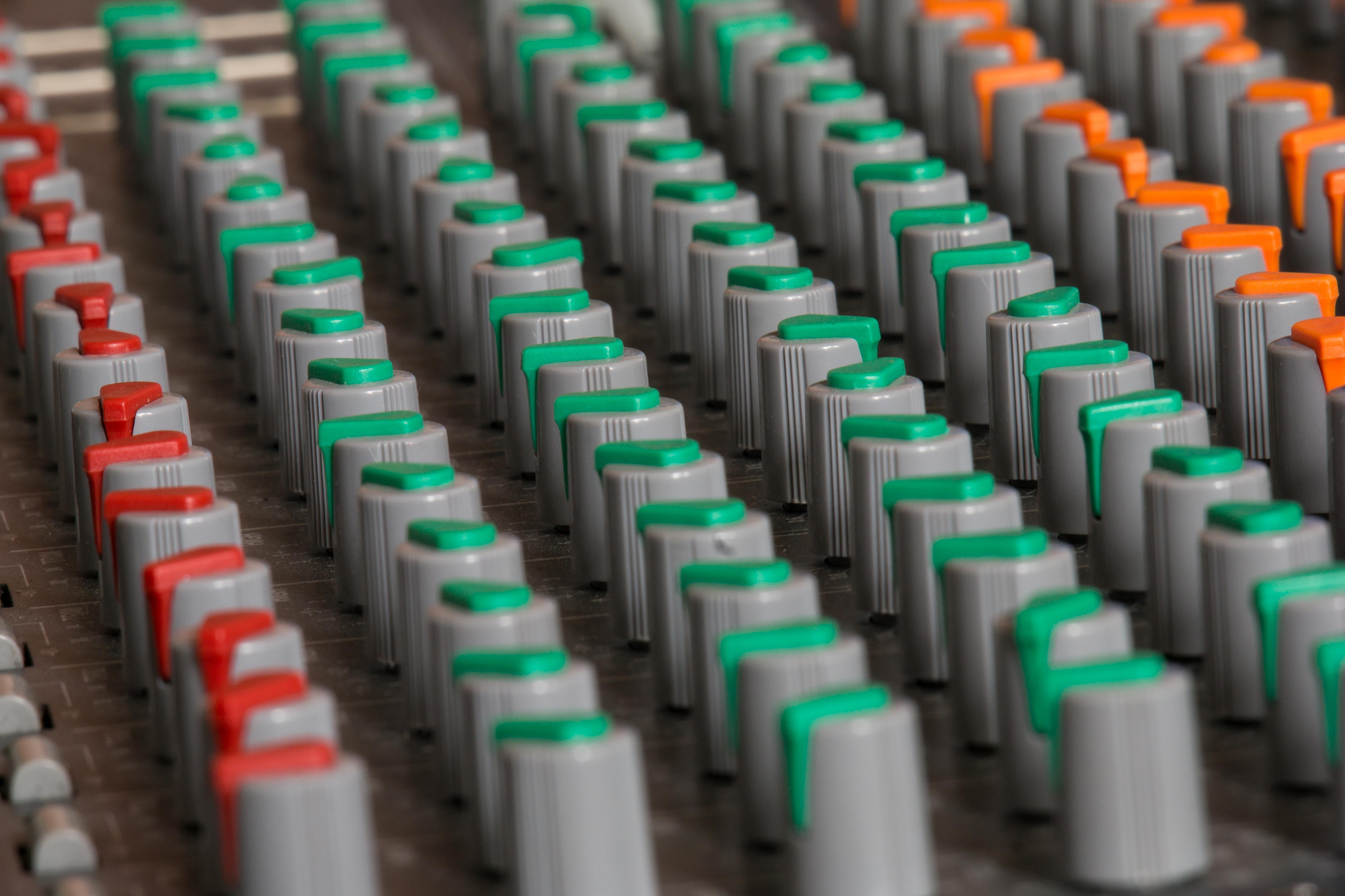 arrangement, music system, power mixer, sound, in a row, abundance, 5K, backgrounds, poti, audio, music studio, close-up, electronics industry, audio equipment, HD Wallpaper