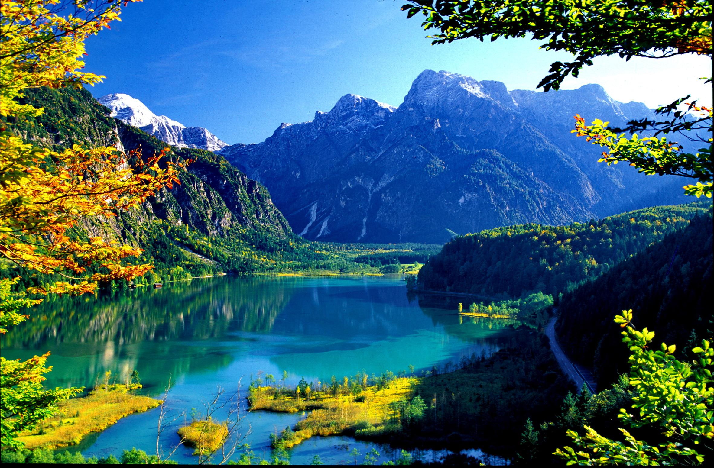 1080P, slope, cliffs, clear, blue, almsee, mirrored, shore, view, branches, hills, trees, lake, calm, crystal, lakeshore, HD Wallpaper