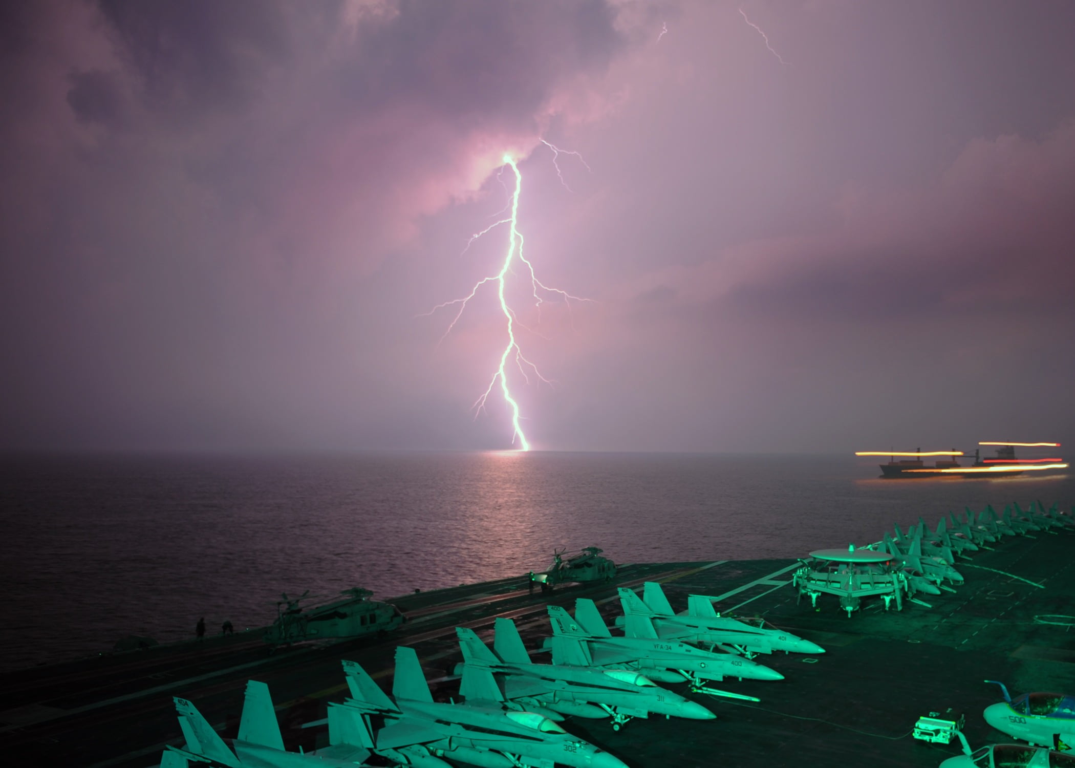 thunderstorm, planes, reflections, cloud - sky, lightning, no people, nature, power, night, photo, scenics - nature, ship, aircraft carrier, aircraft, us navy, HD Wallpaper