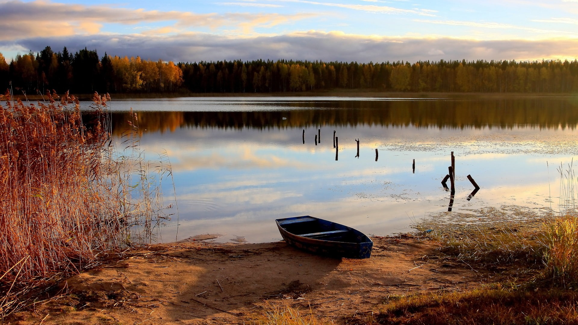 1080P, water, boat, lakeshore, nautical vessel, non-urban scene, no people, sunset, vehicle, tree, sky, nature, tranquility, idyllic, beauty in nature, HD Wallpaper