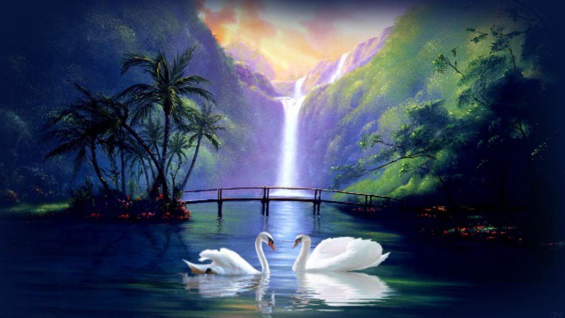 waterfall, fantasy, swan, love, 1080P, HD Wallpaper
