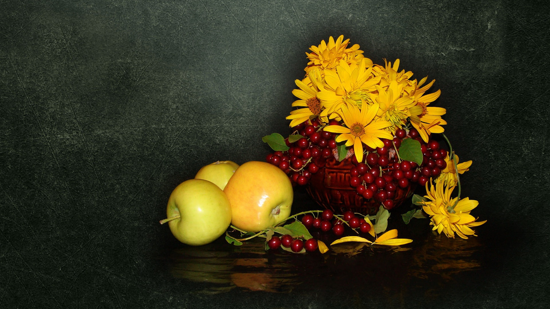 apples, beauty, bouquet, the s, cherry, nature, autumn still life, authors photo by Elena Anikina, berries of bird cherry, wedding, yellow flowers., nice, HD Wallpaper