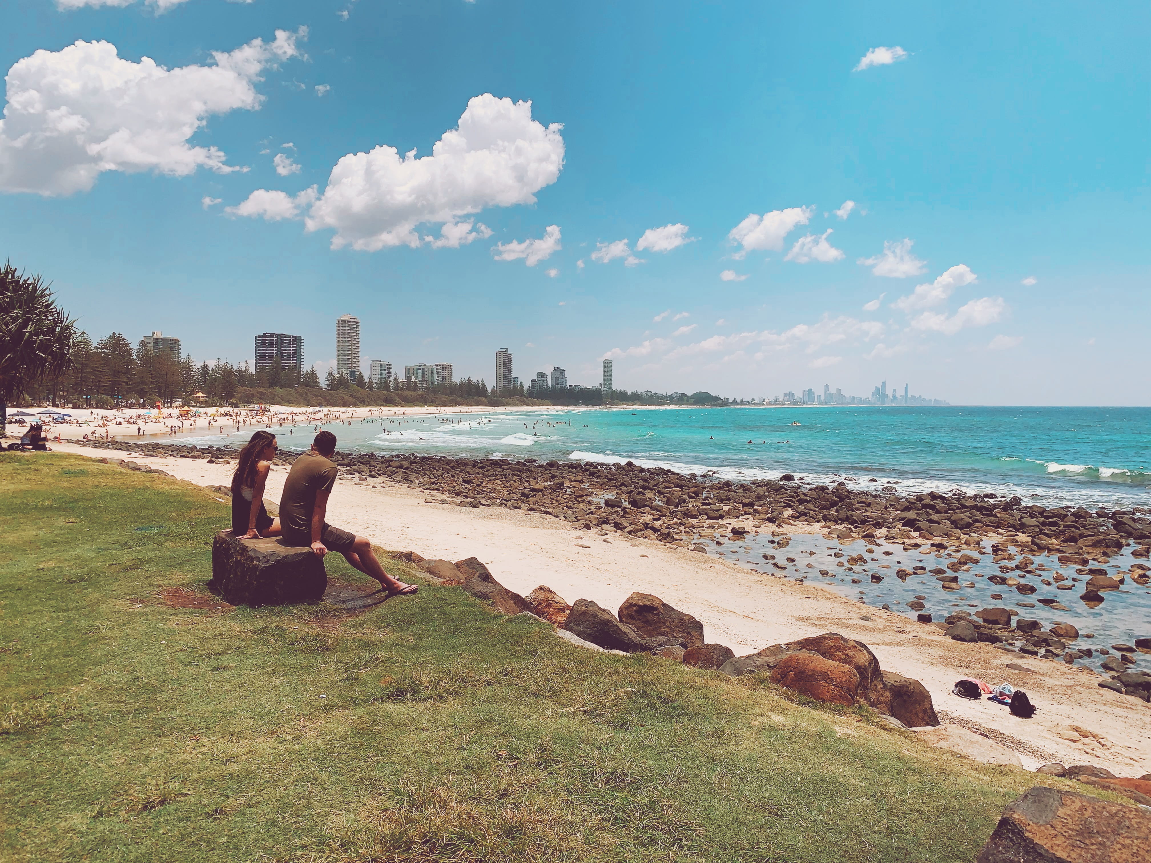 burleigh heads, water, rock, lifestyles, plant, sitting, built structure, sea, cloud - sky, outdoors, architecture, real people, nature, relaxation, 4K, HD Wallpaper