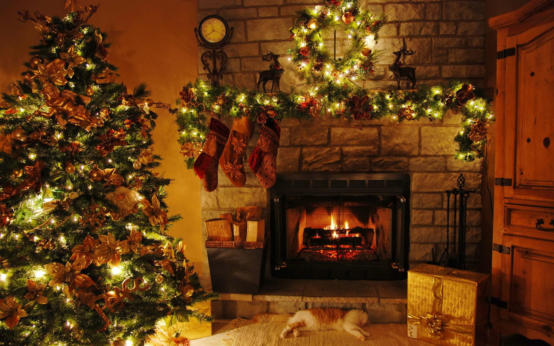 concrete, 1080P, lovely, fireplace, new year, cabin, cottage, home, decoration, beautiful, house, lights, holiday, christmas, brown, nice, pretty, HD Wallpaper