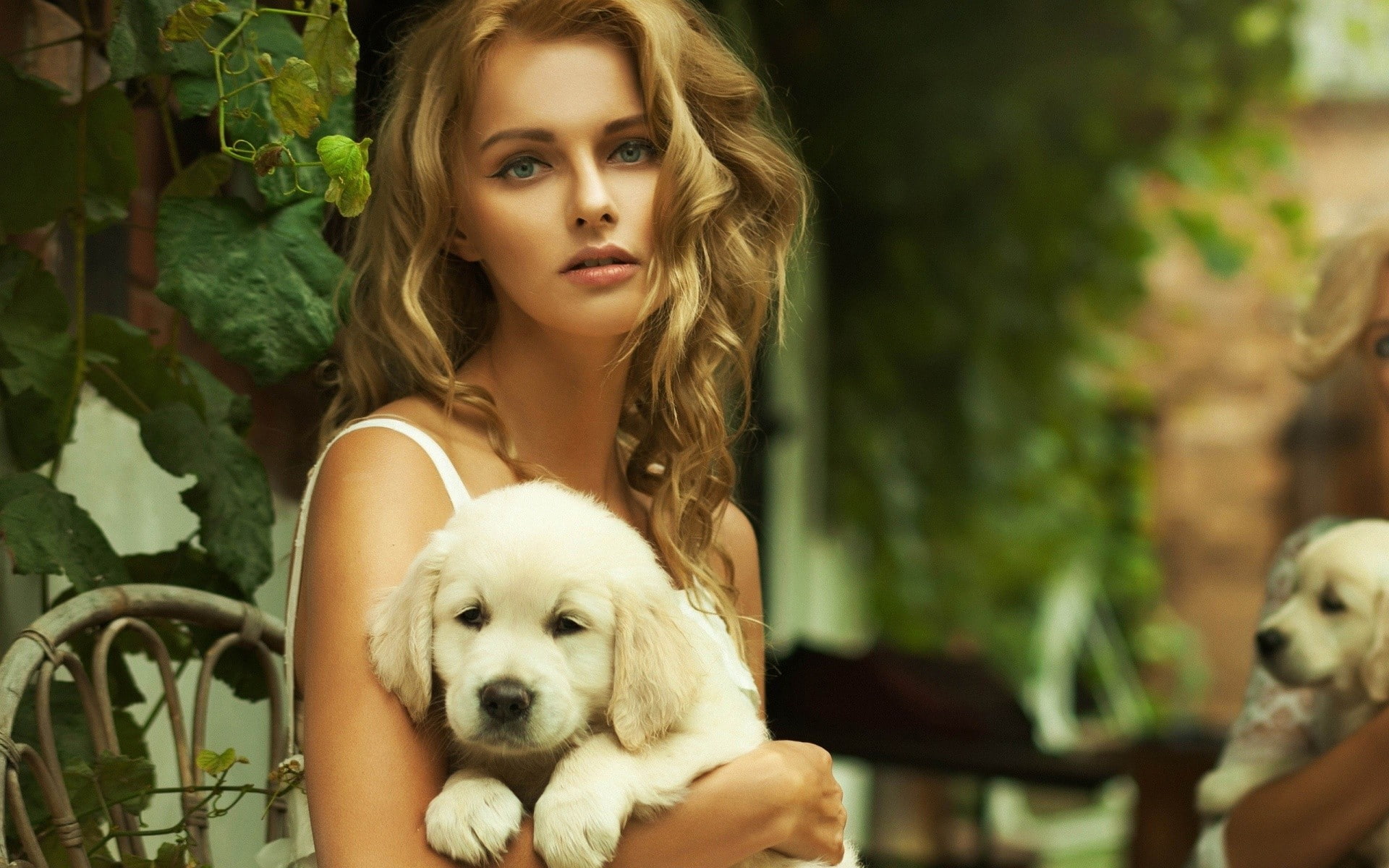 animals, women outdoors, puppies, face, women, dog, blonde, 1080P, HD Wallpaper
