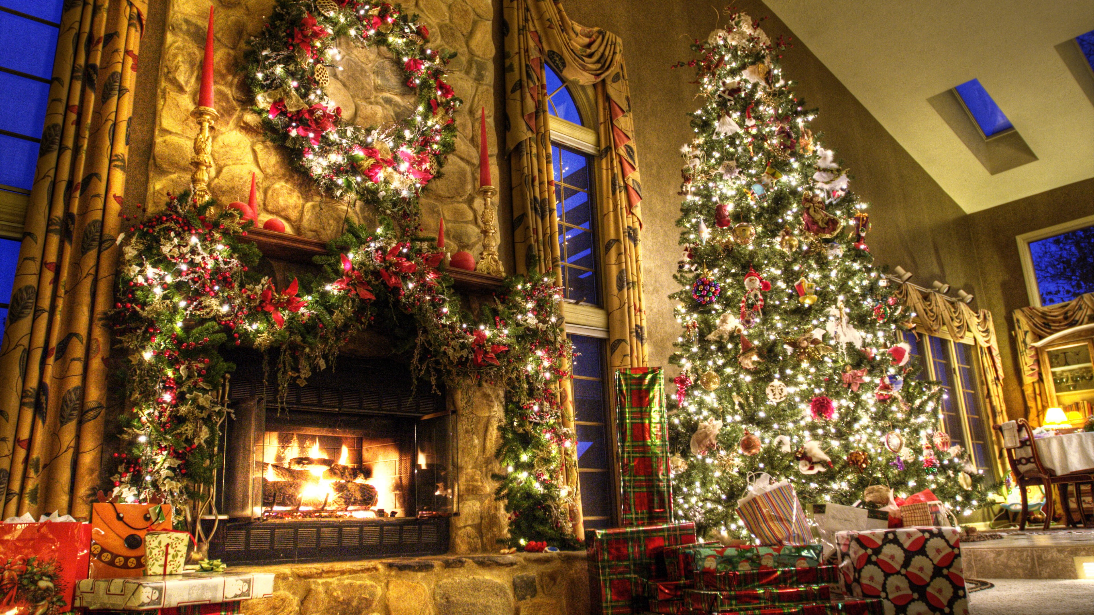 christmas, lighted, fireplace, near, green, fir-tree, gifts, tree, new year, lights, fire, decor, room, 4K, HD Wallpaper