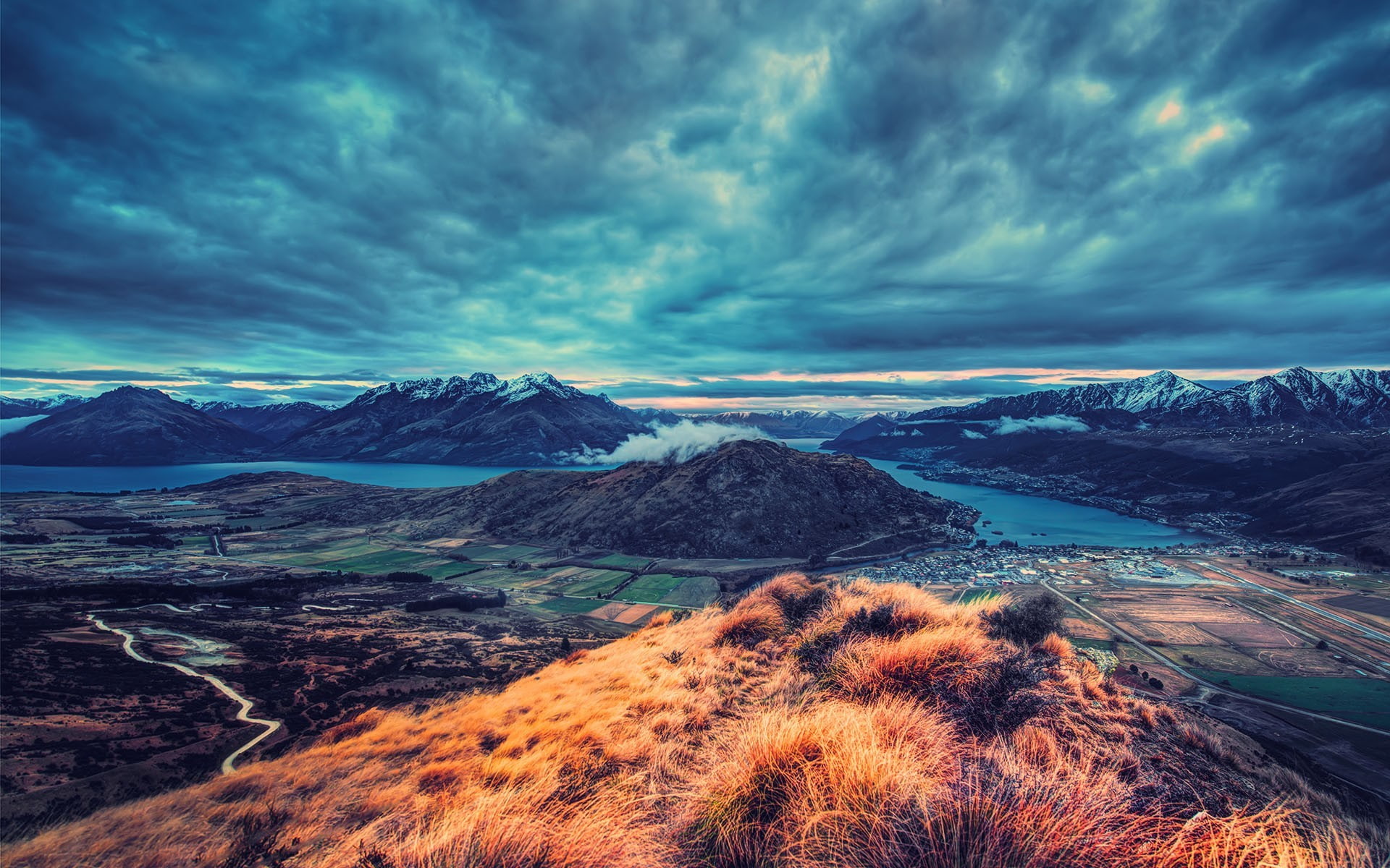 lake, road, New Zealand, landscape, snowy peak, clouds, HDR, hills, evening, mountains, nature, field, 1080P, overcast, grass, HD Wallpaper