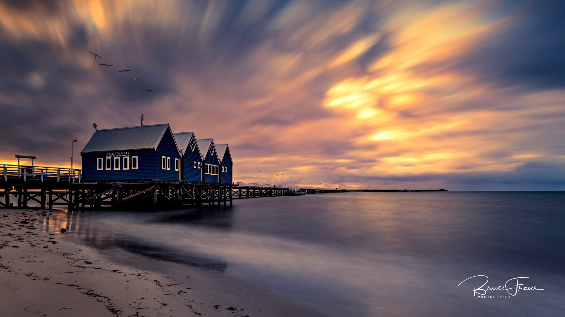 1080P, birds, beach, pierce, Bruce Fraser, Busselton, coast, houses, sunset, the sky, Australia, horizon, sea, HD Wallpaper