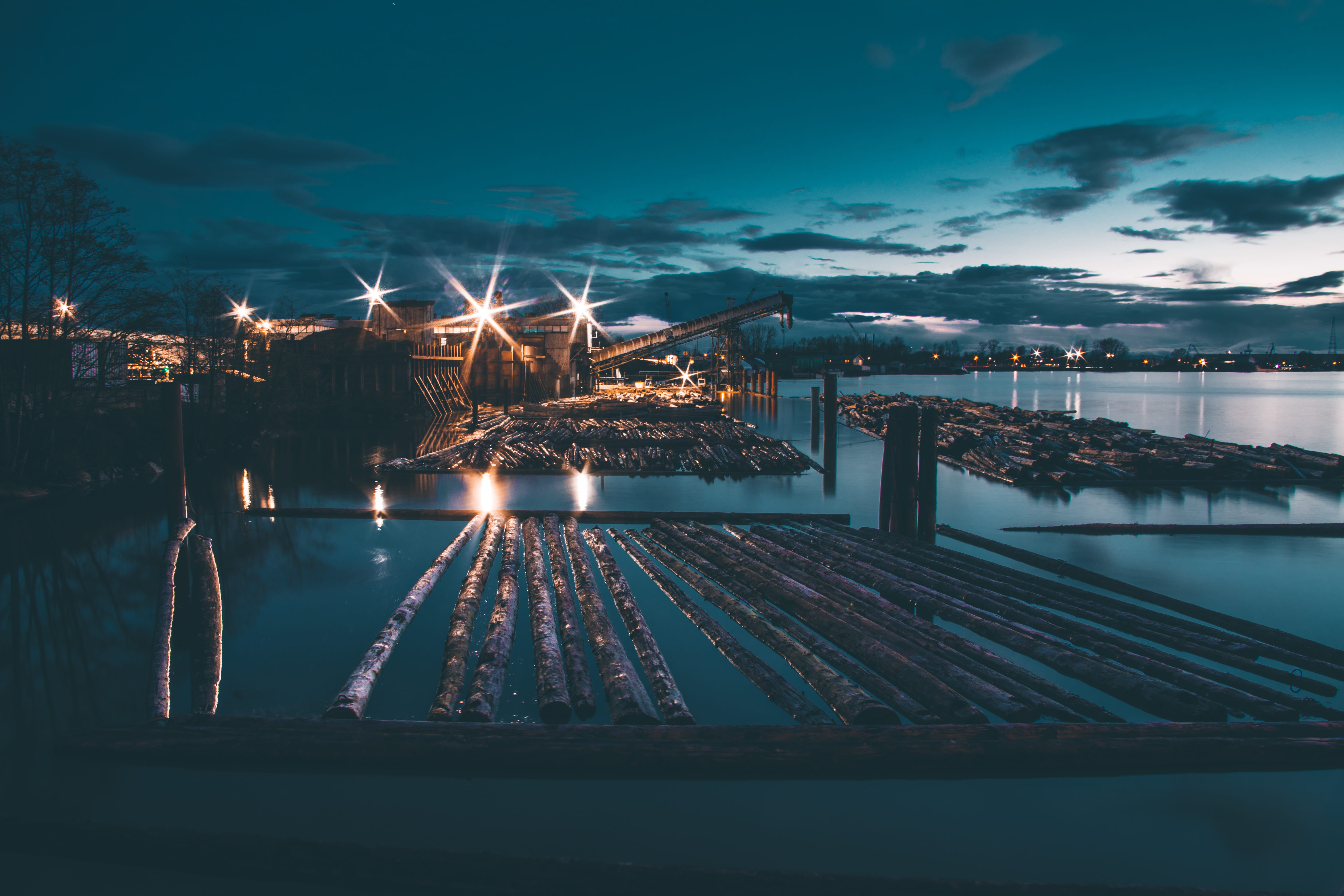 light, nature, canada, city, waterfront, outdoors, body of water, sea, logs, transportation, building exterior, lumber yard, 5K, reflection, sky, cloud - sky, HD Wallpaper
