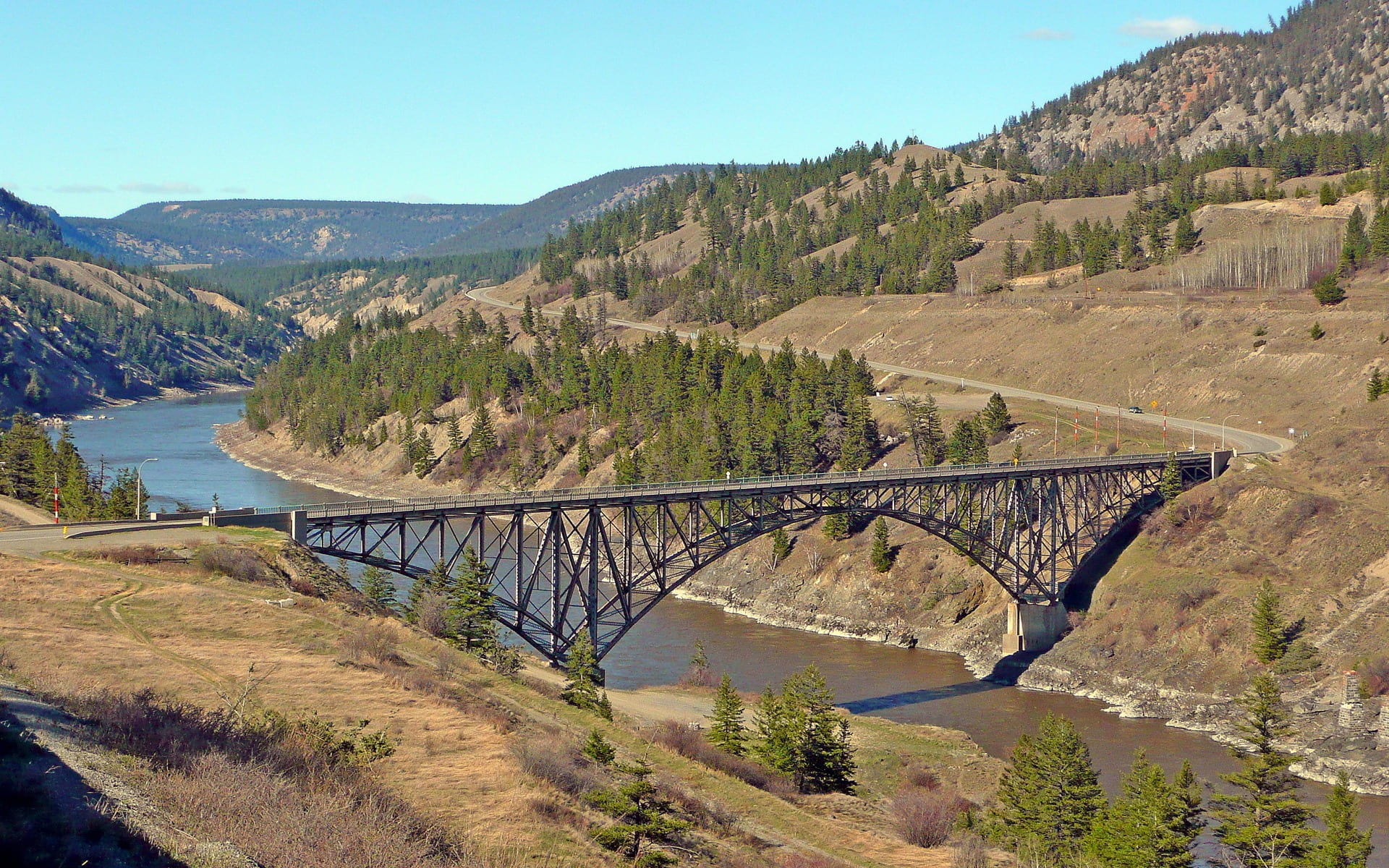 outdoors, mountain range, columbia, bridge, mountain, fraser river, tree, bridge - man made structure, landscape, sky, architecture, british, water, no people, HD Wallpaper