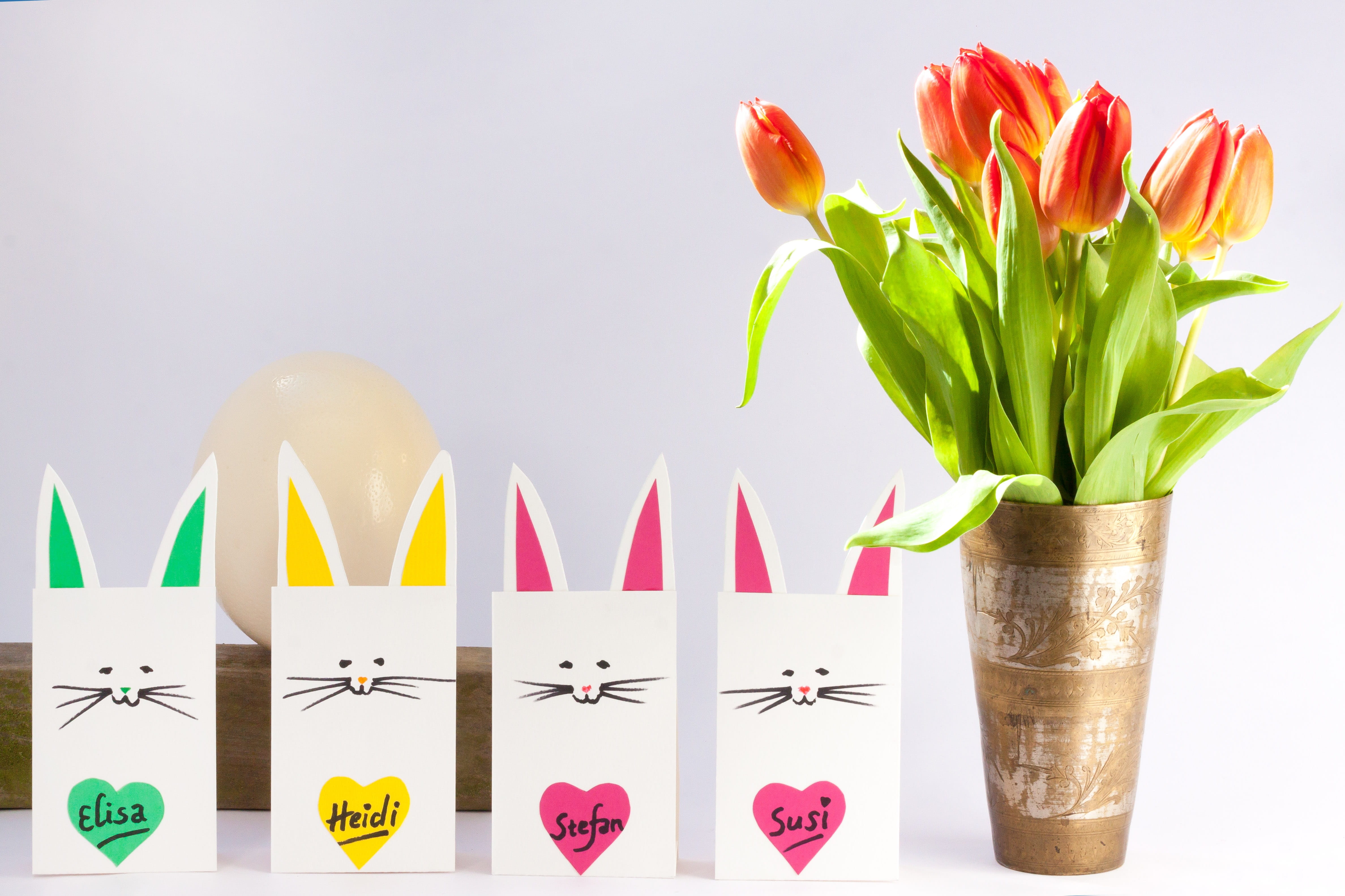 variation, Tulip, table decoration, still life, rabbit, paper, stand, studio shot, multi colored, bloom, beside, flowering plant, table, bags, flower bracts, HD Wallpaper